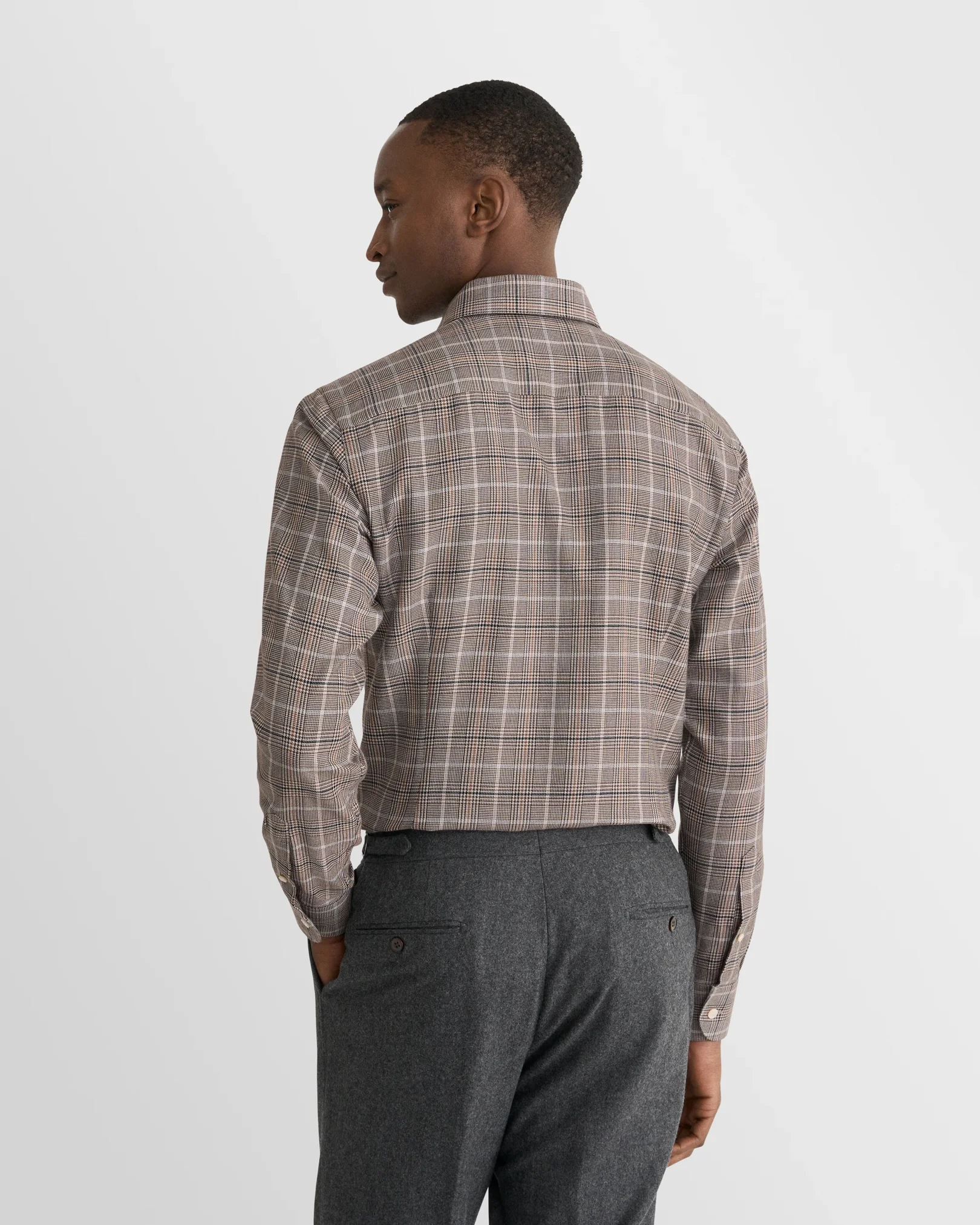 Eton - dark brown plaid check cotton silk cashmere shirt