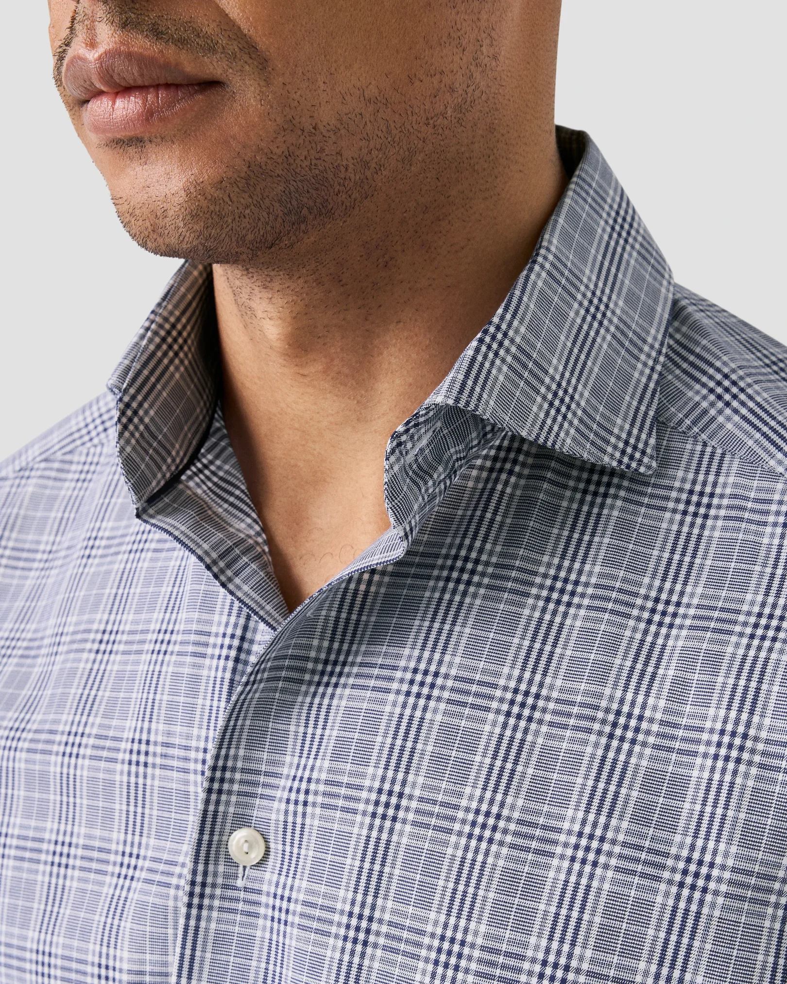 Eton - dark blue prince of wales check twill shirt