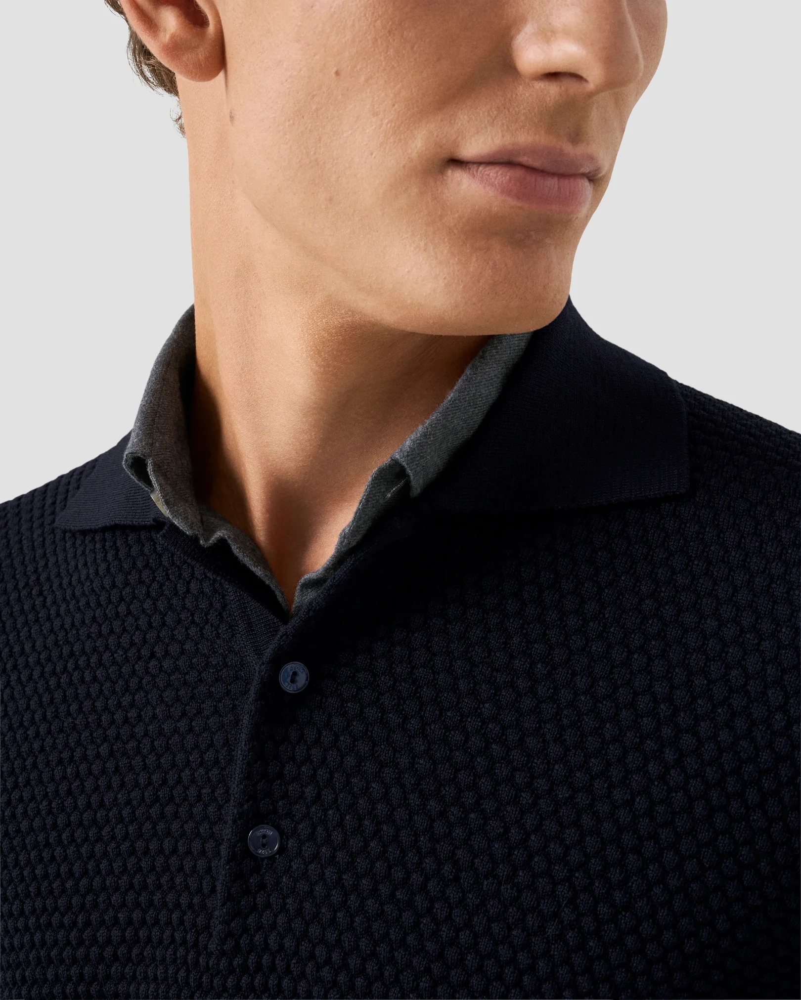 Eton - navy merino structure long sleeve polo