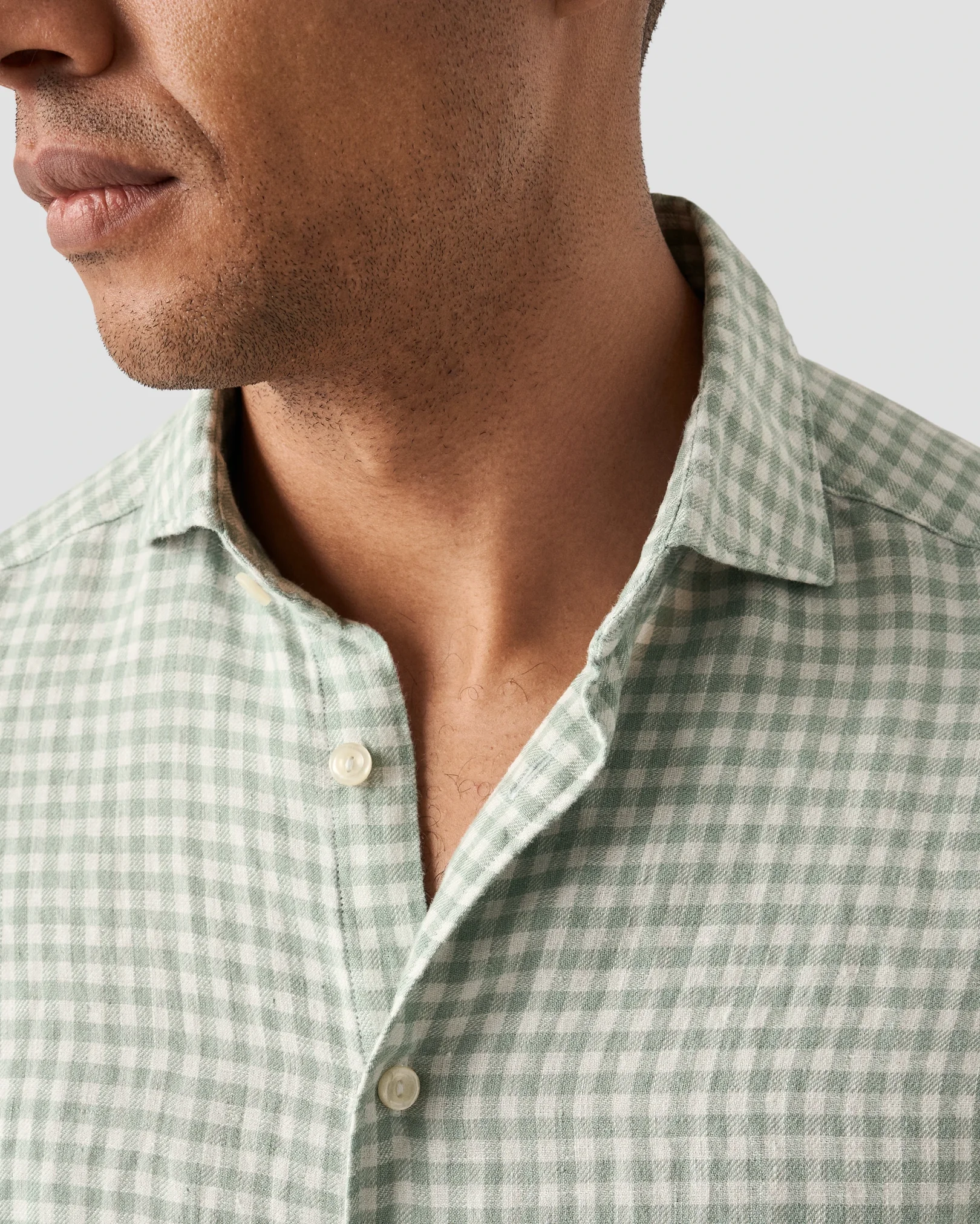 Eton - mid green checked linen twill shirt