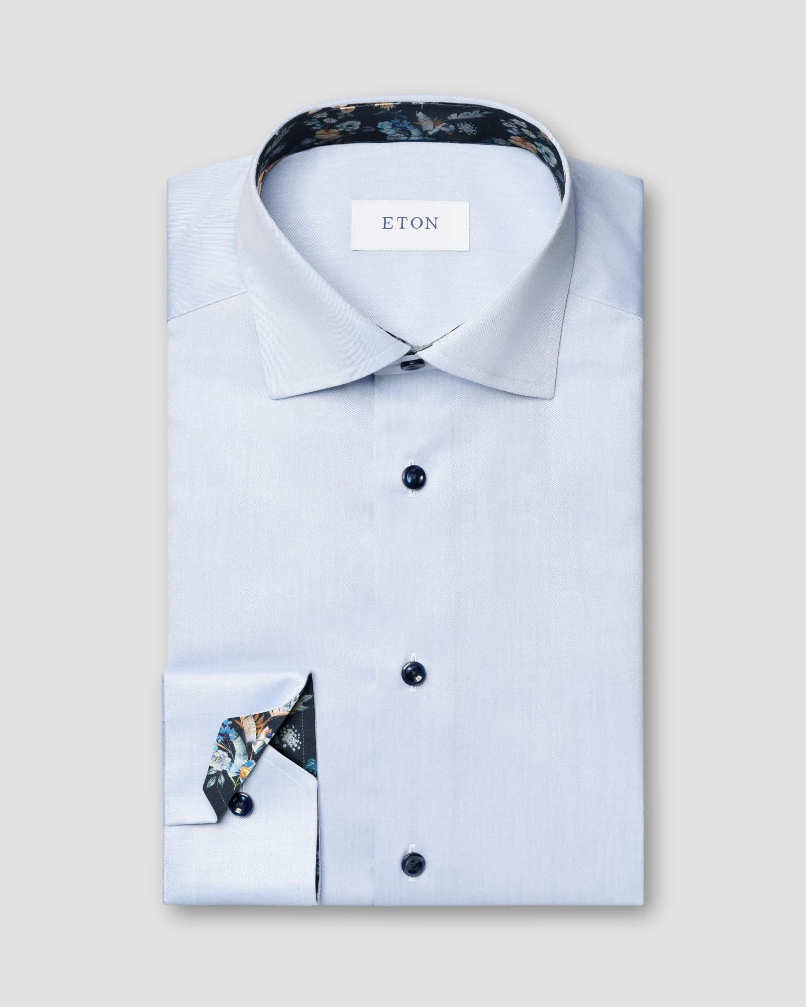 Eton - Light blue Floral Print Effect Solid Signature Twill Shirt