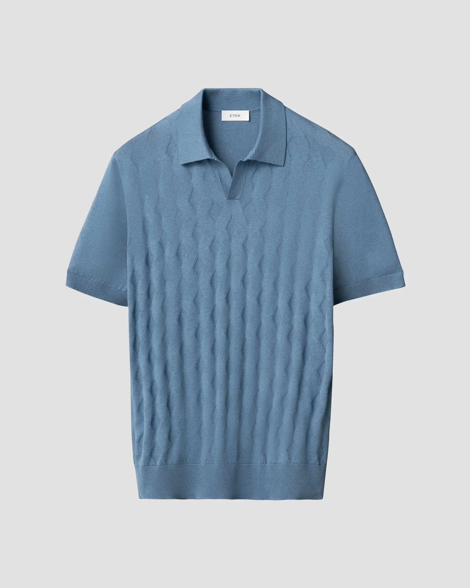 Eton - light blue cotton and silk open collar fine knit polo shirt