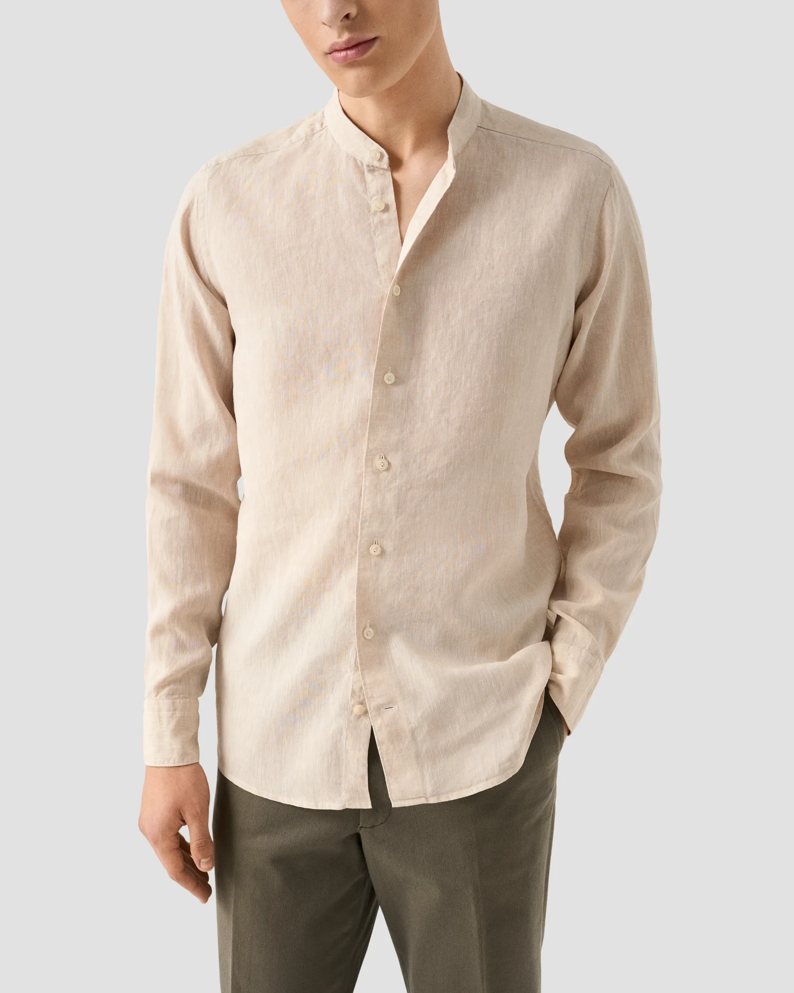 Eton - beige solid plain weave linen shirt band