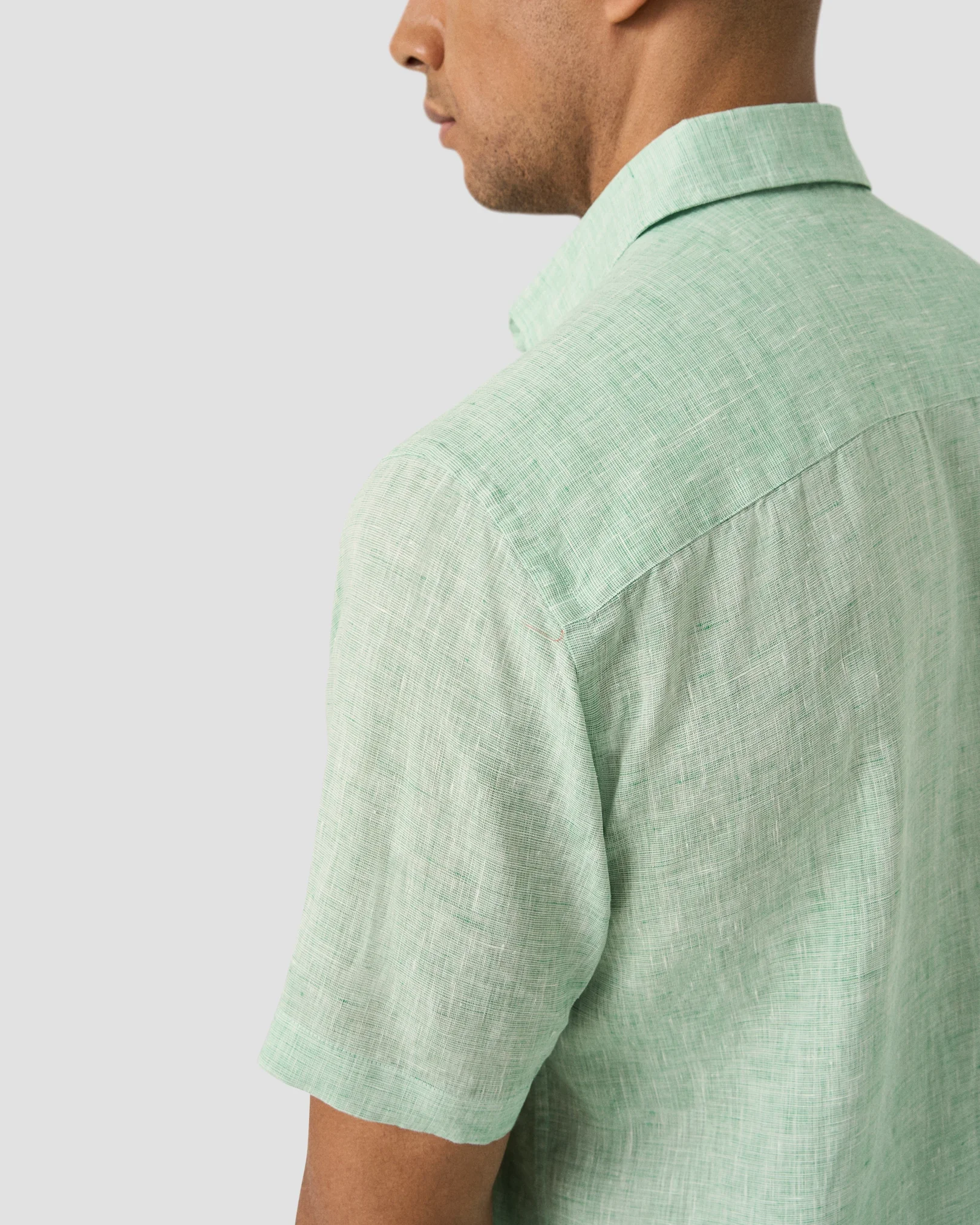 Eton - mid green solid linen short sleeve shirt spread