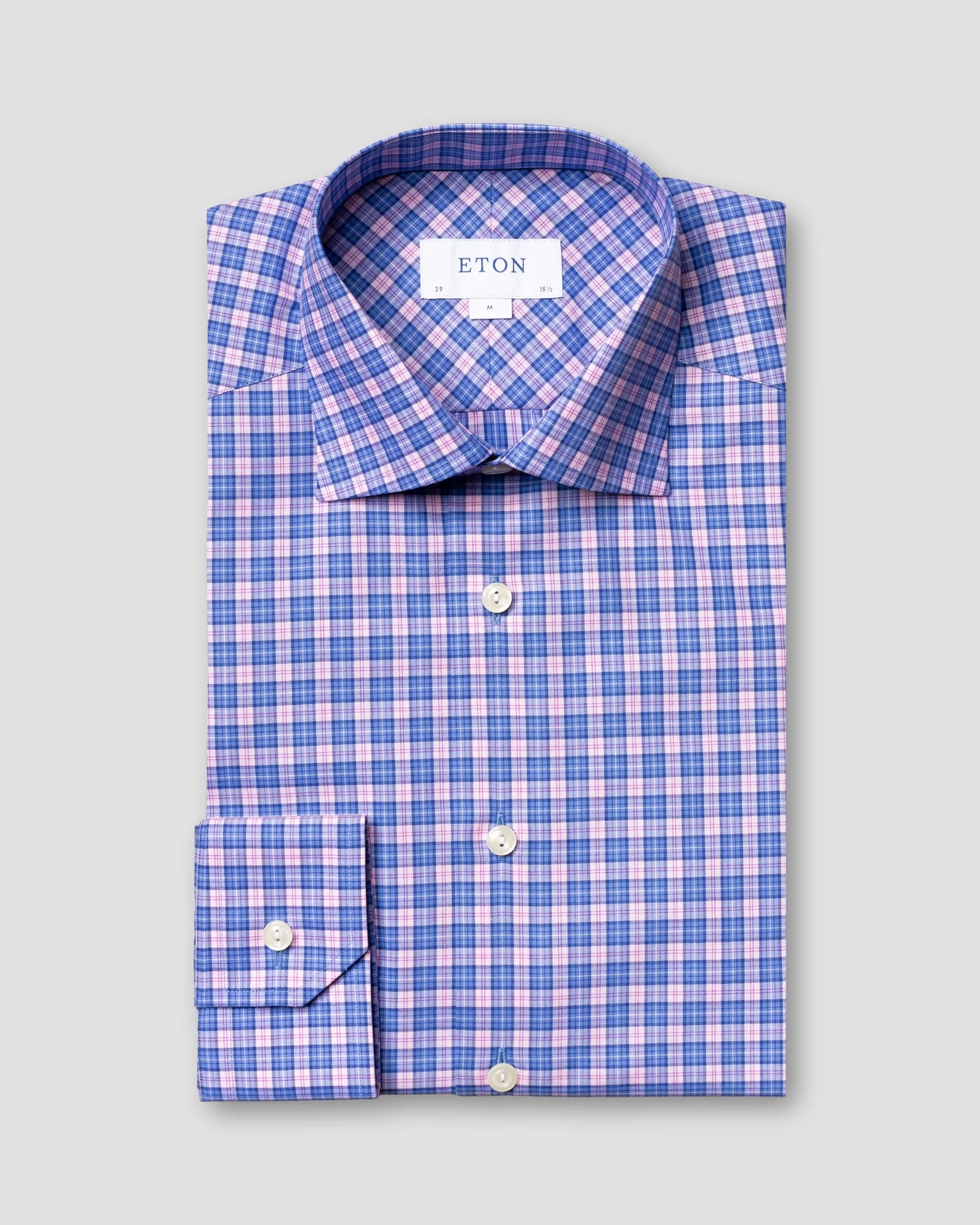 Eton - pink blue checked twill shirt
