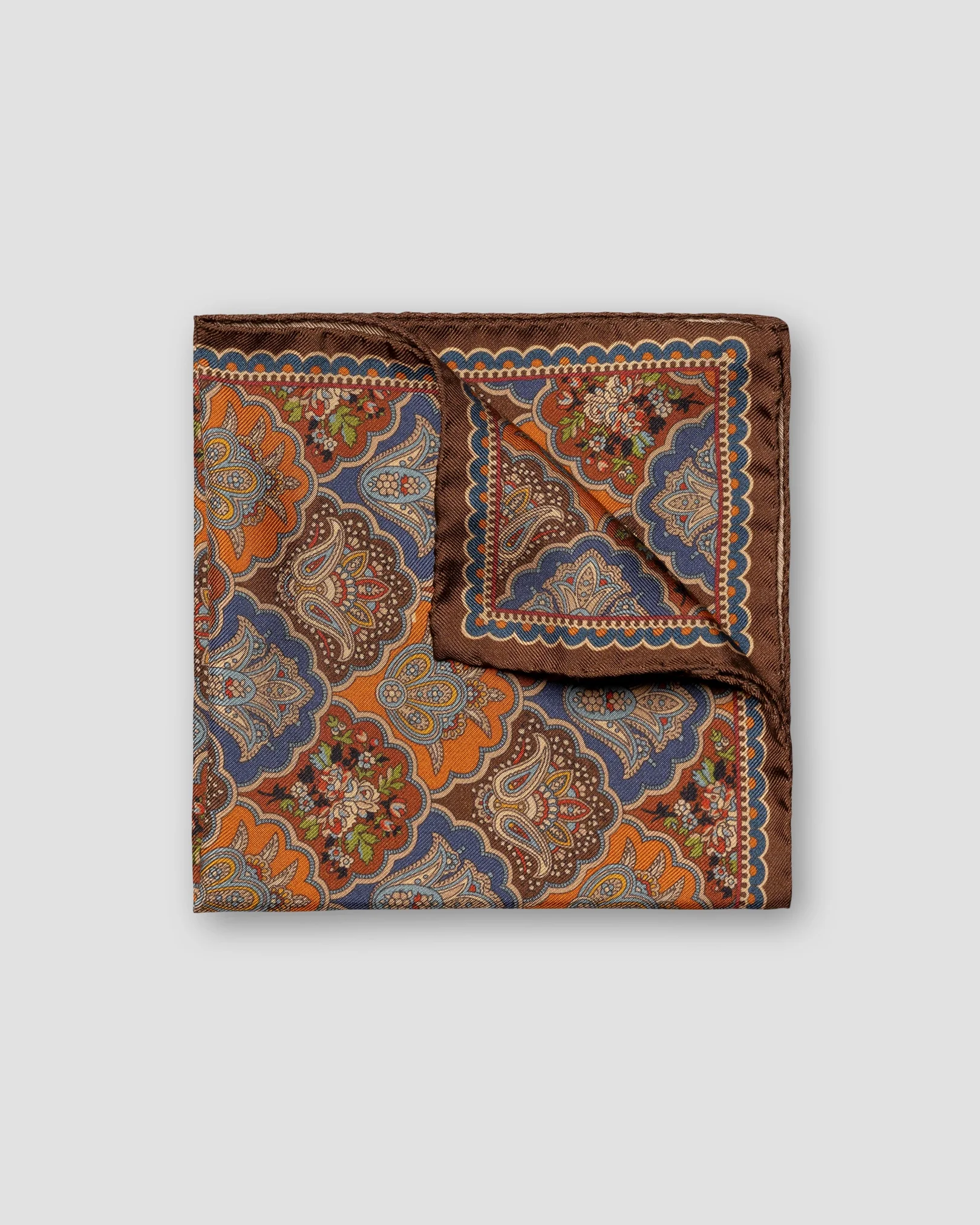 Brown Medallion Print Silk Pocket Square