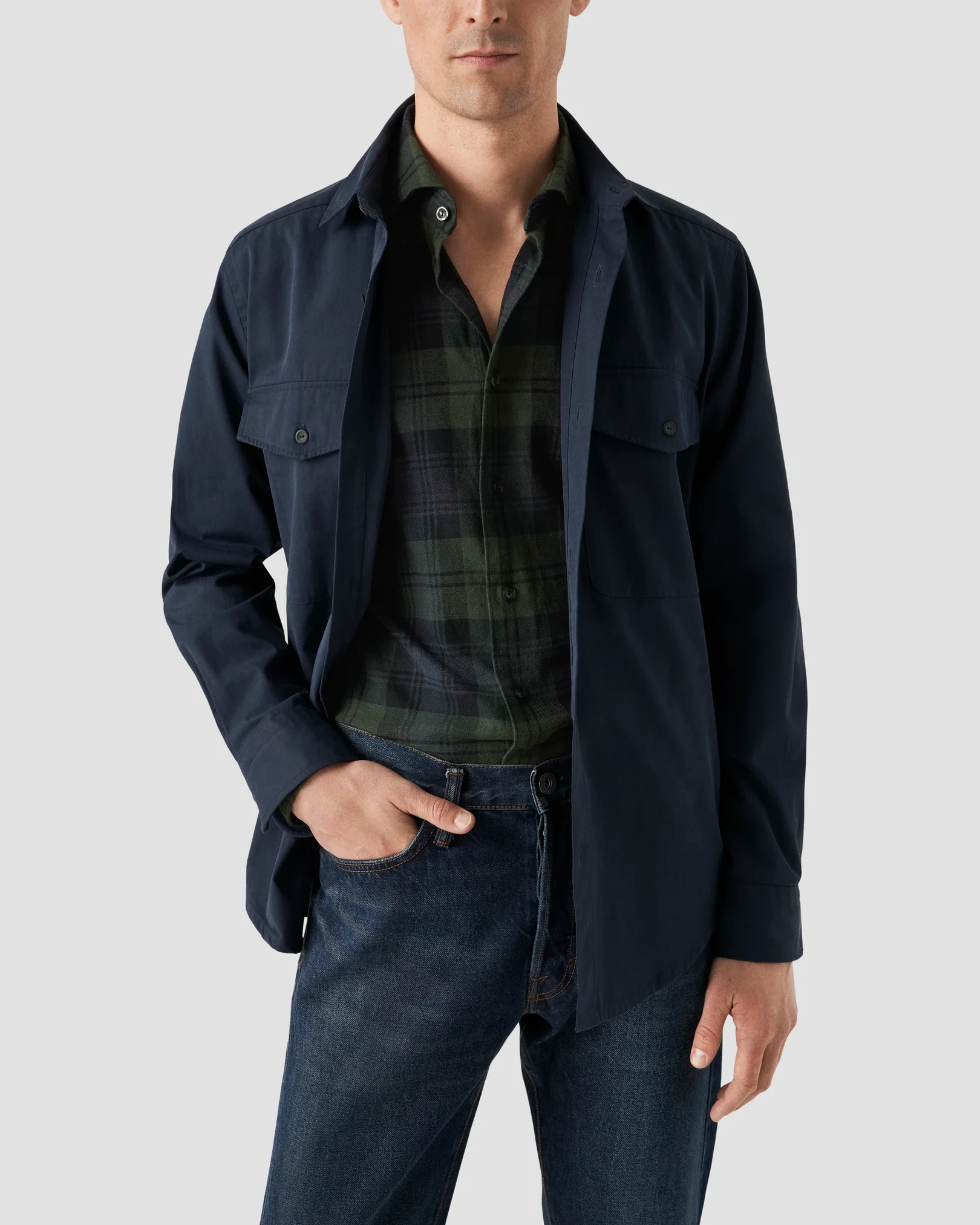 Eton - dark green flannel wide spread collar rounded single slim fit