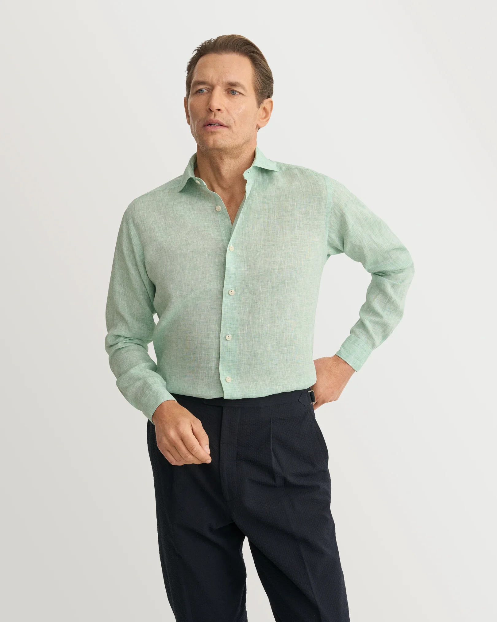 Eton - mid green solid linen shirt 261