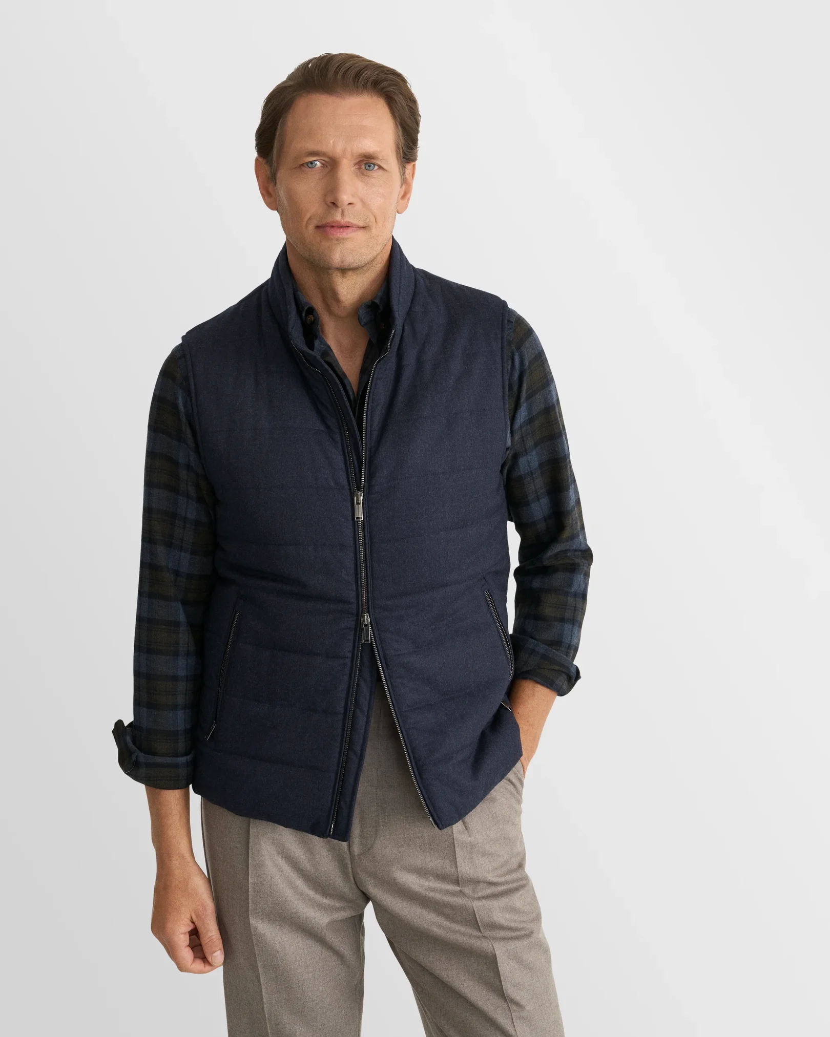 Eton - navy blue plaid check flannel shirt