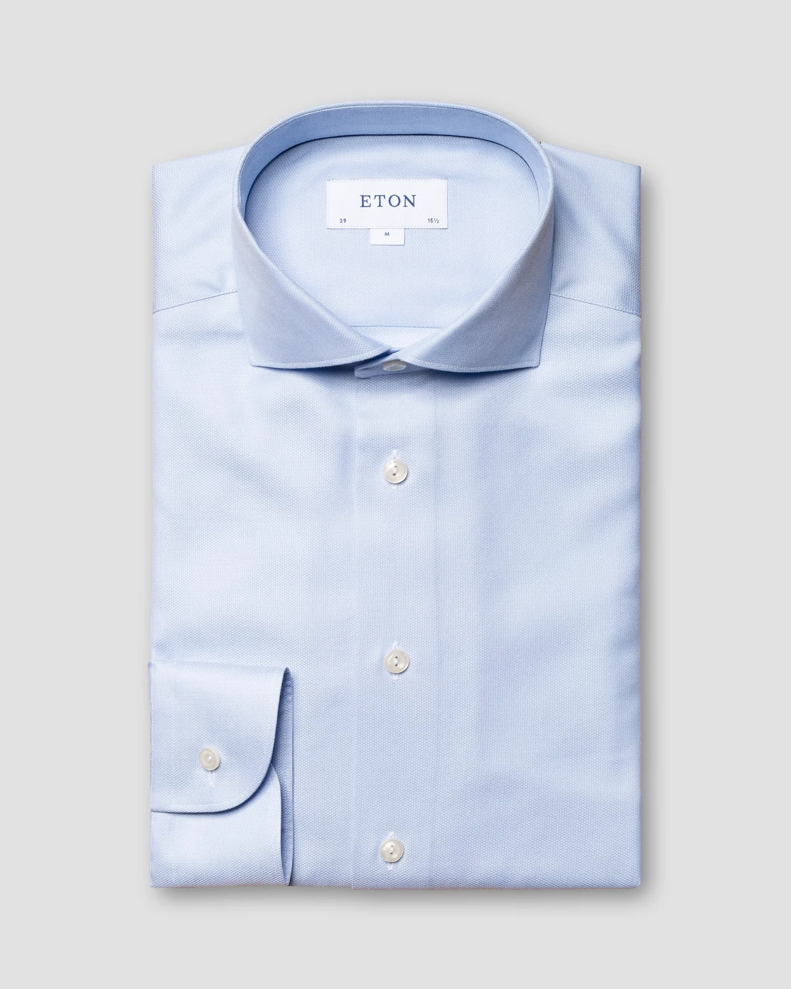 Eton - light blue cotton lyocell stretch wide spread rounded single one buttonhole slim
