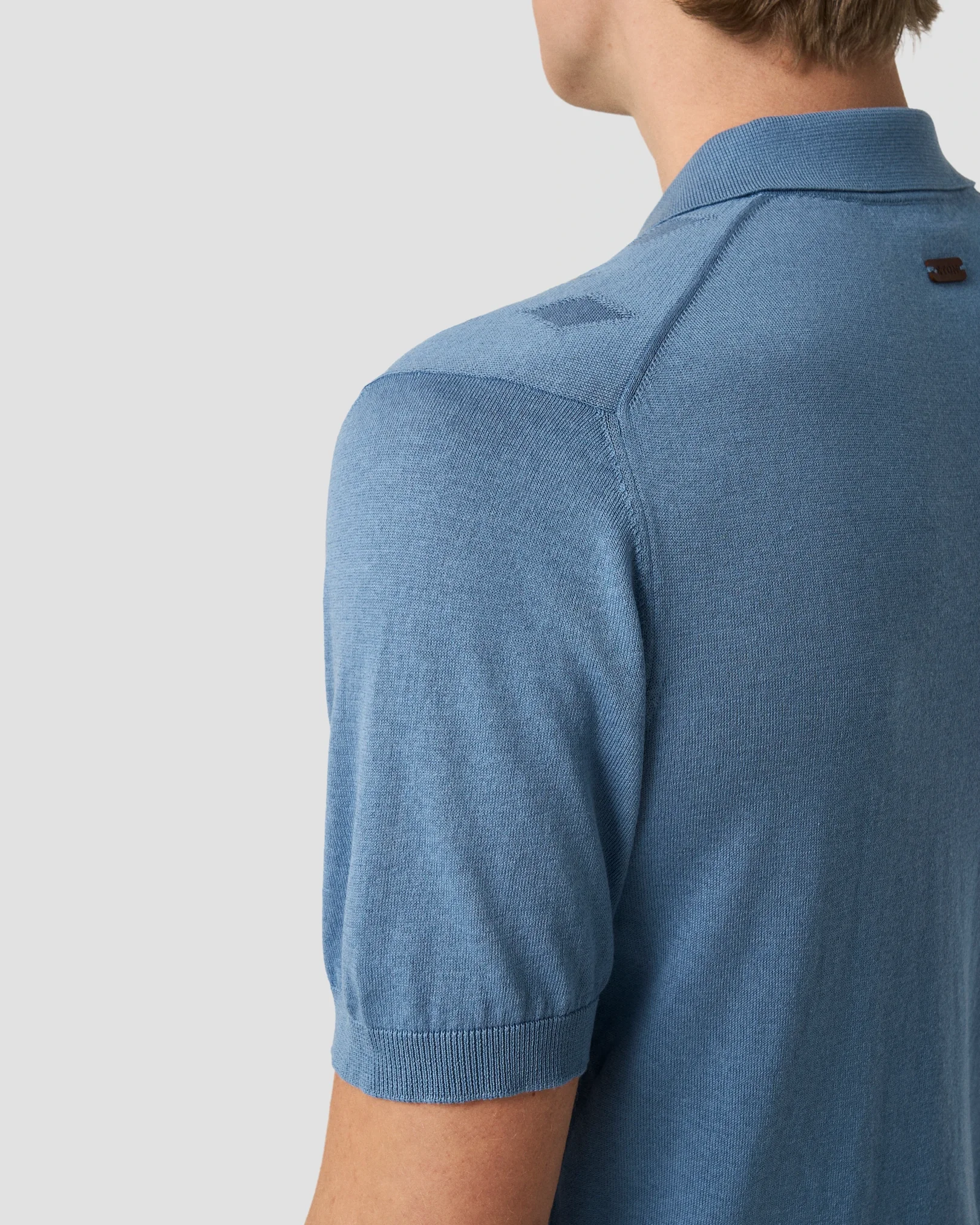 Eton - light blue cotton and silk open collar fine knit polo shirt