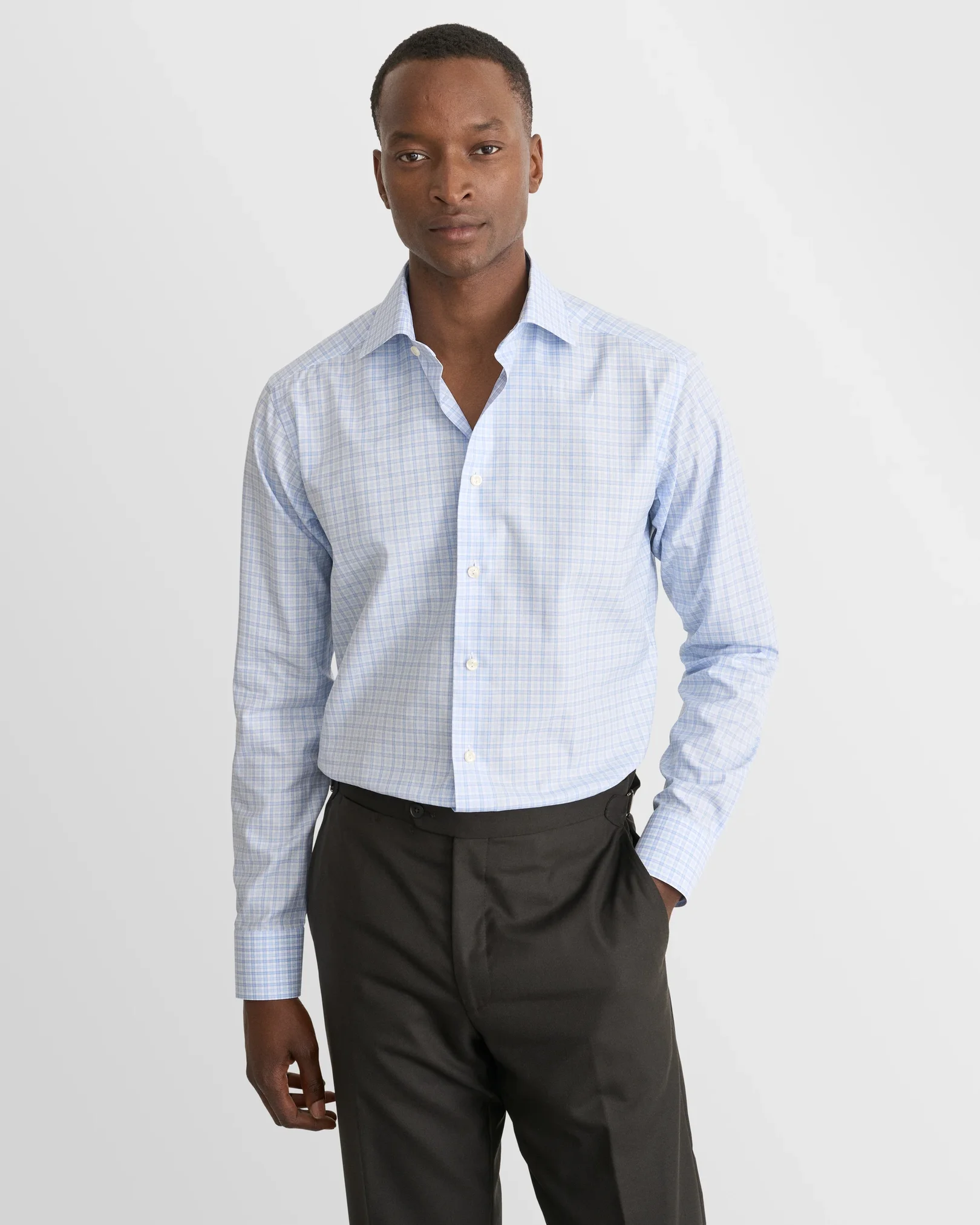 Eton - light blue checked fine twill shirt cut away 268
