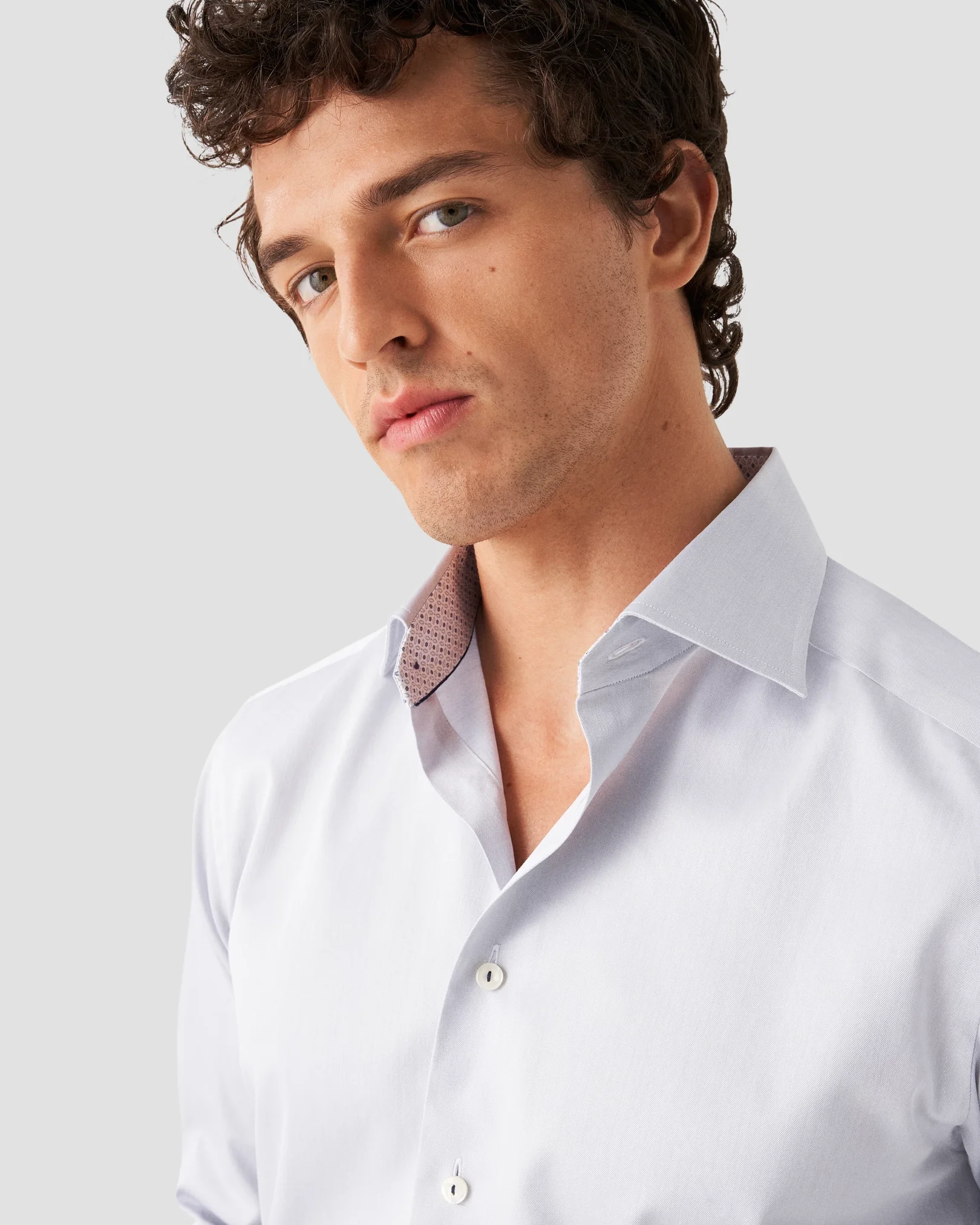 Light Gray Signature Twill Shirt - Floral Contrast Details - Eton