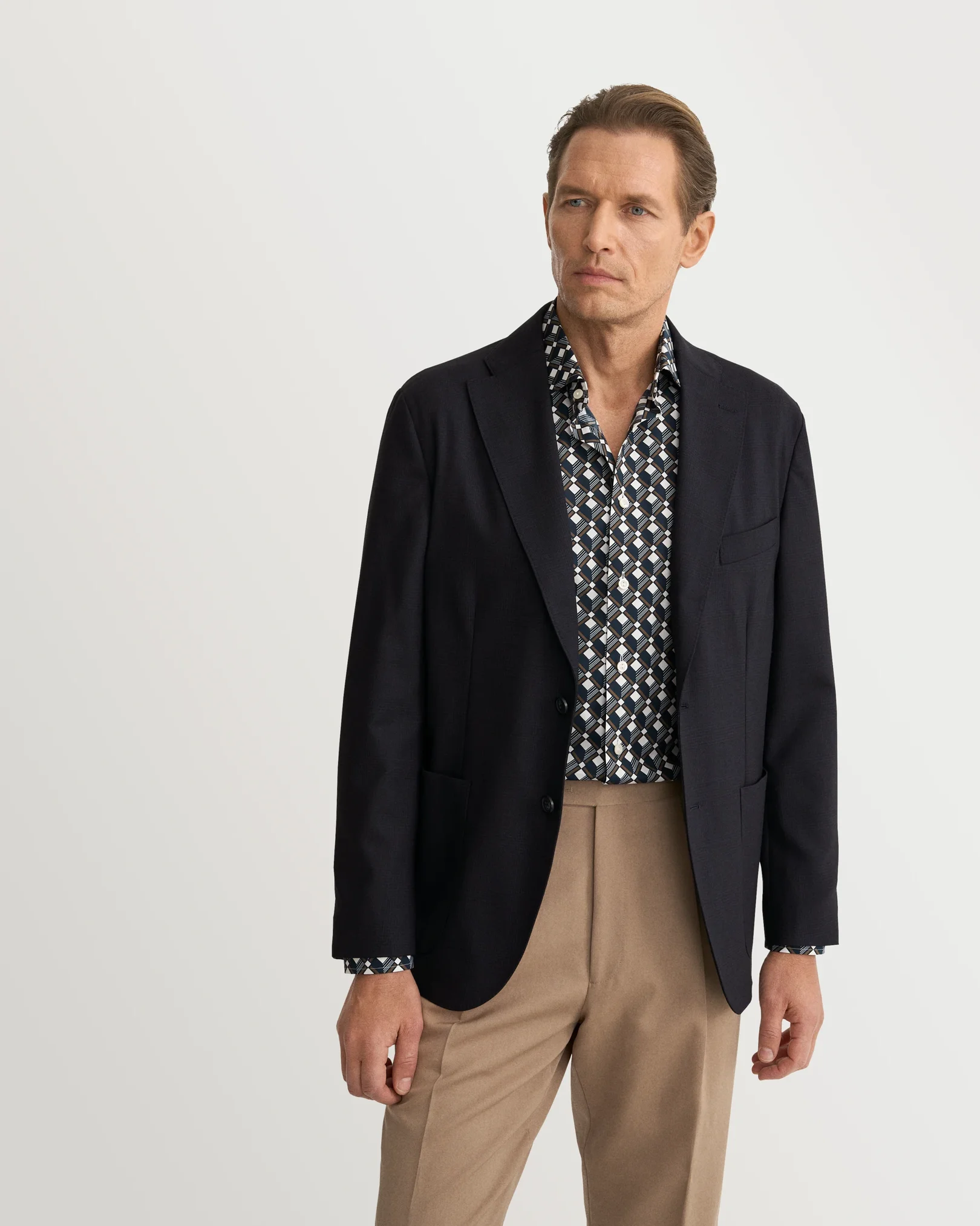 Eton - navy blue geometric print cotton tencel tm lyocell shirt