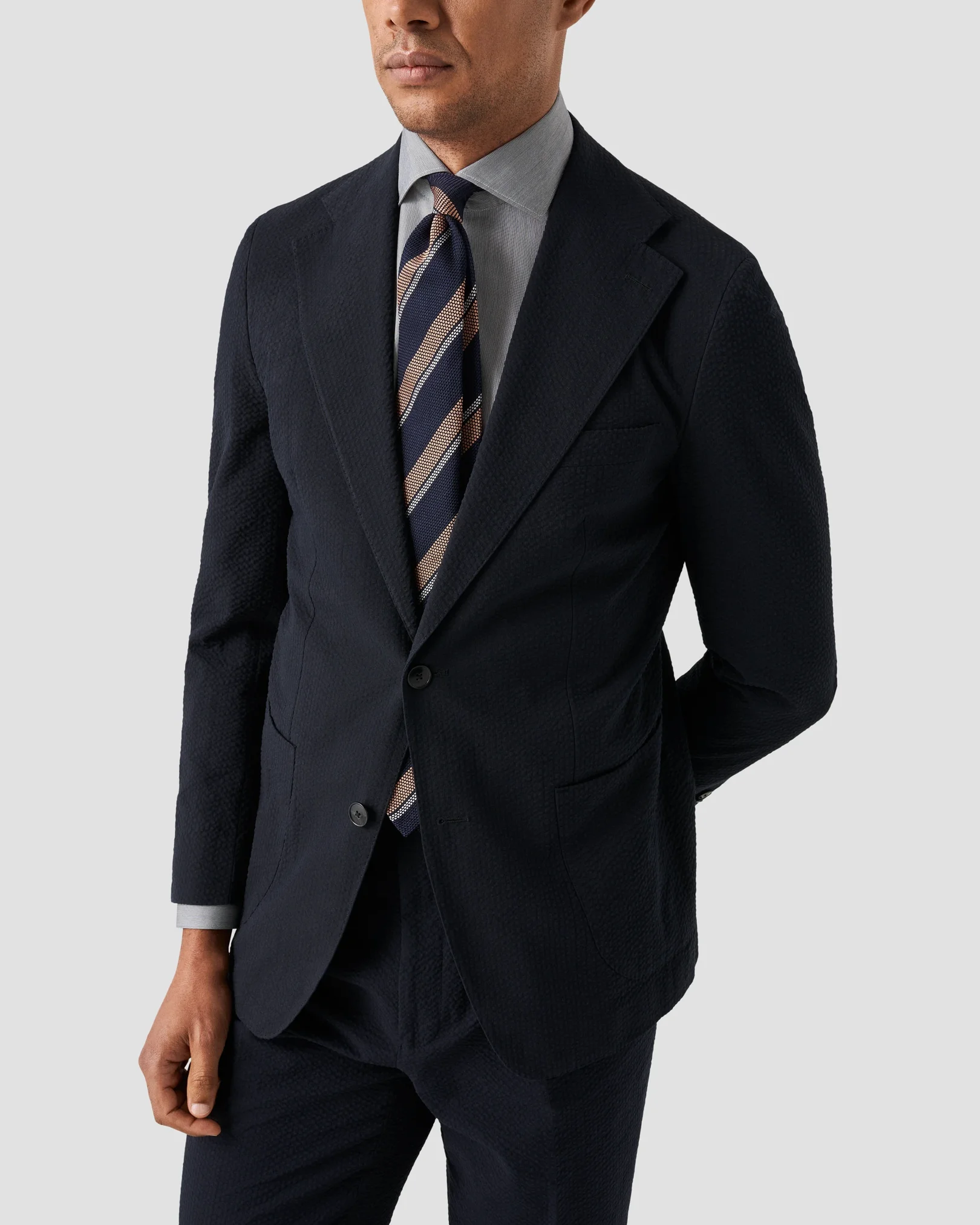 Eton - navy blue cotton and silk fine stripe shirt