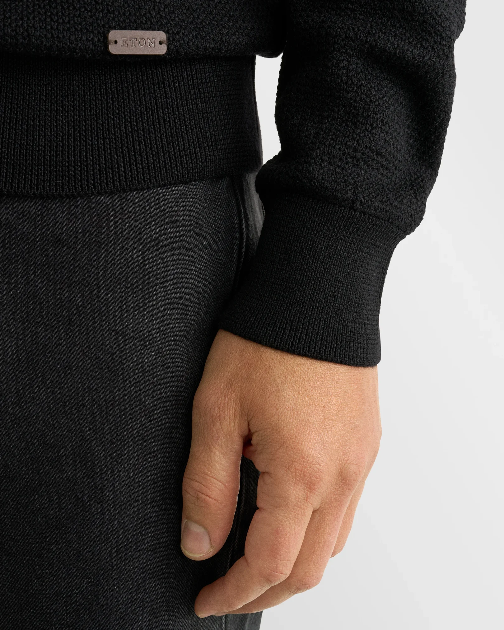 Eton - black merino structure ls polo shirt