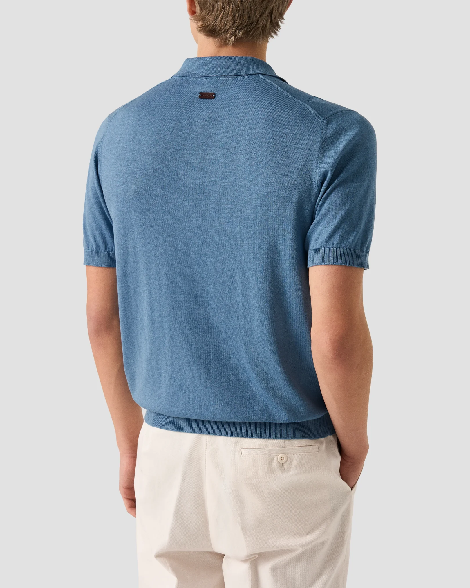 Eton - light blue cotton and silk open collar fine knit polo shirt