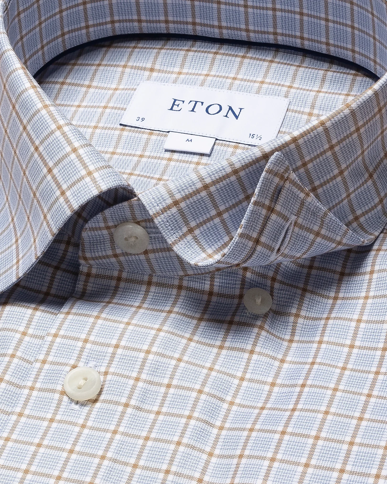 Eton - light blue cotton tencel stretch button under rounded single one buttonhole slim