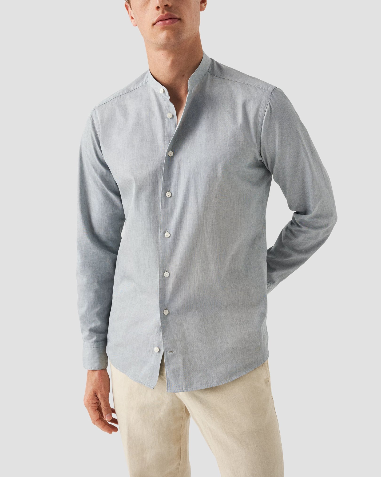 Eton - Mid green Solid Twill Band Collar Shirt