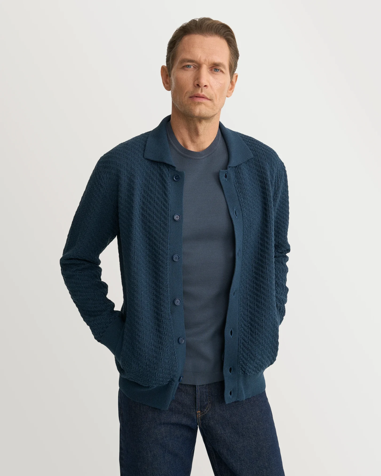 Eton - dark blue self rib cotton t shirt