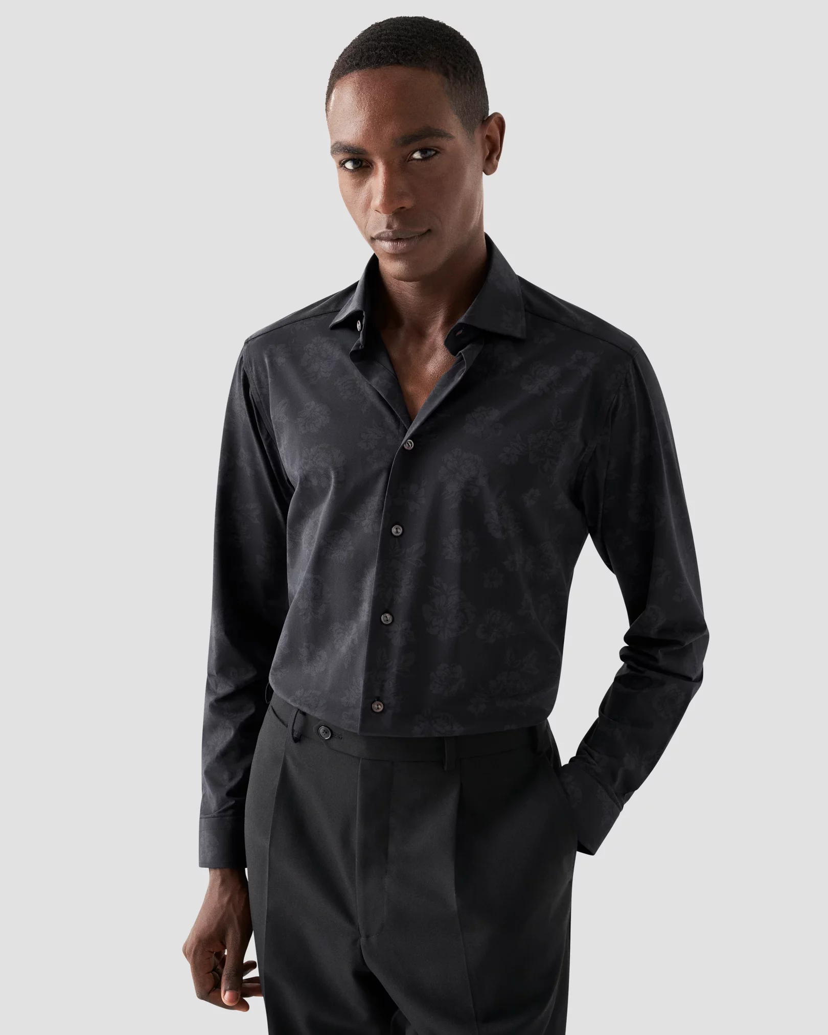 Eton - Black Floral Print Four-Way Stretch Shirt