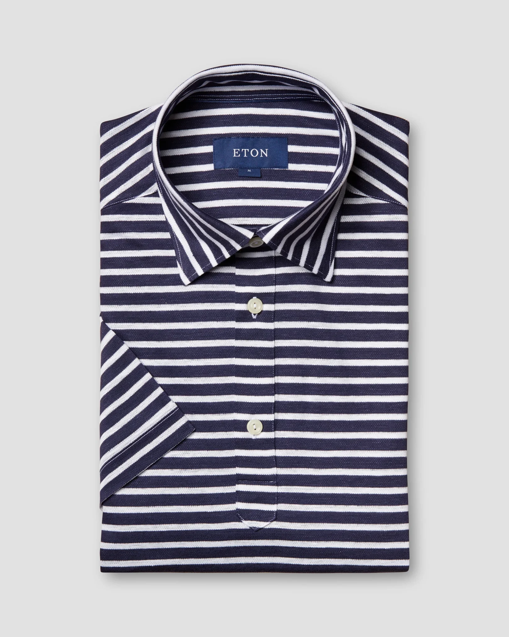 Eton - blue striped cotton linen polo shirt short sleev