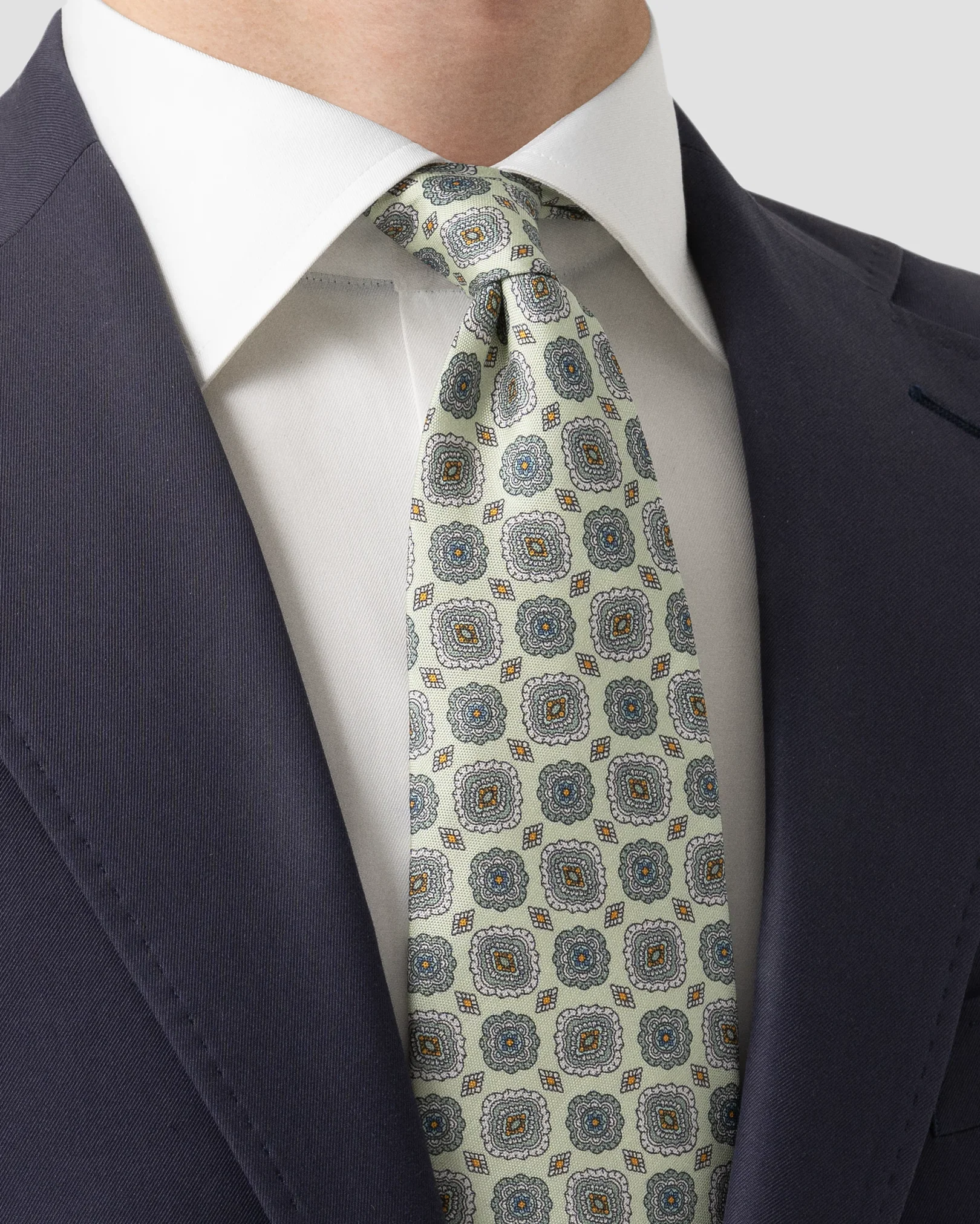 Light Green Medallion Print Silk Tie - Eton