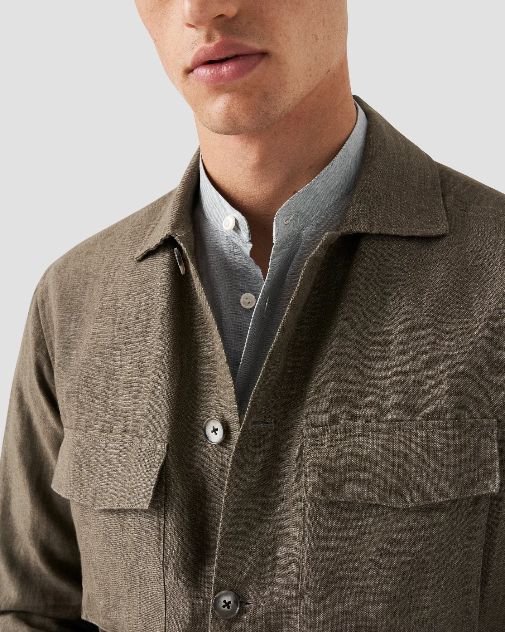 Eton - Mid green Solid Twill Band Collar Shirt