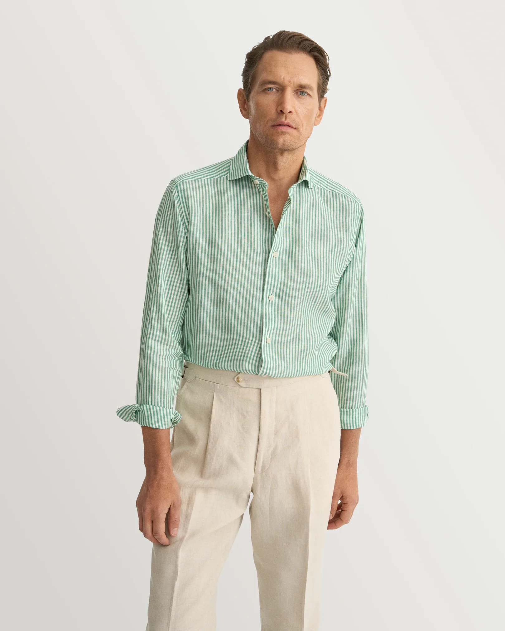 Eton - mid green striped linen shirt 261