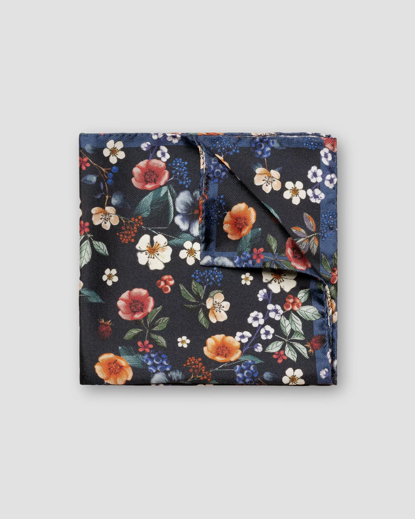 Navy Floral Print Silk Twill Pocket Square