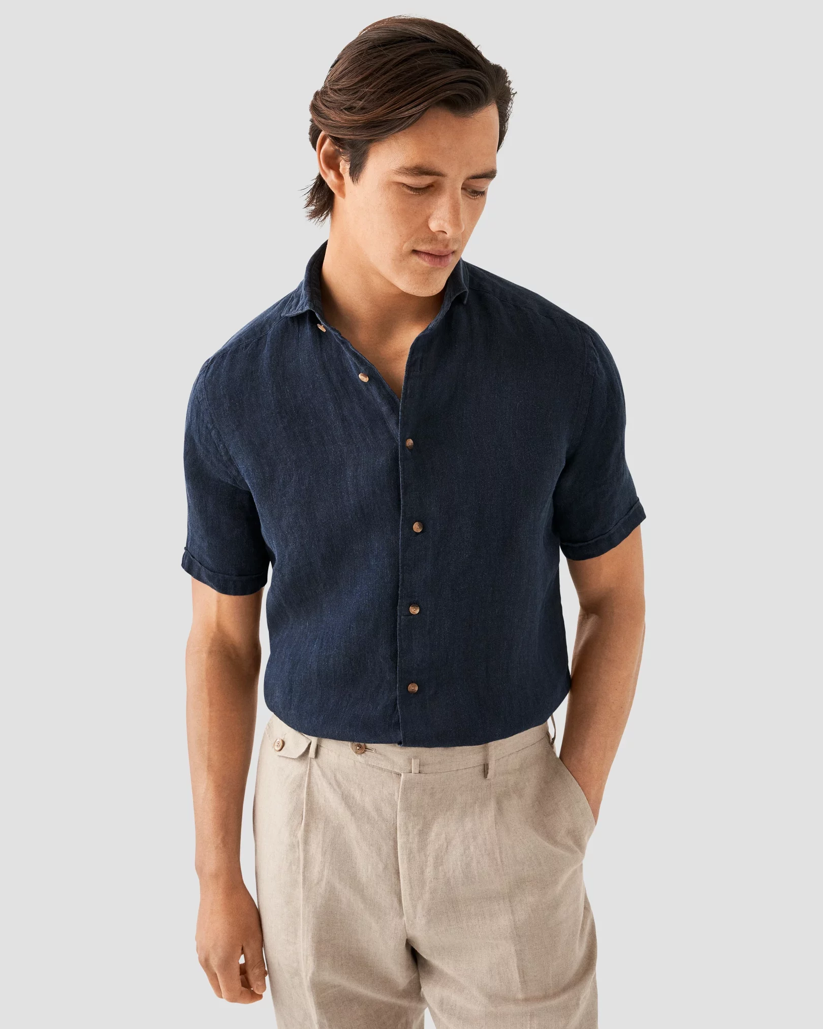 Navy Herringbone Linen Short Sleeve Shirt - Eton