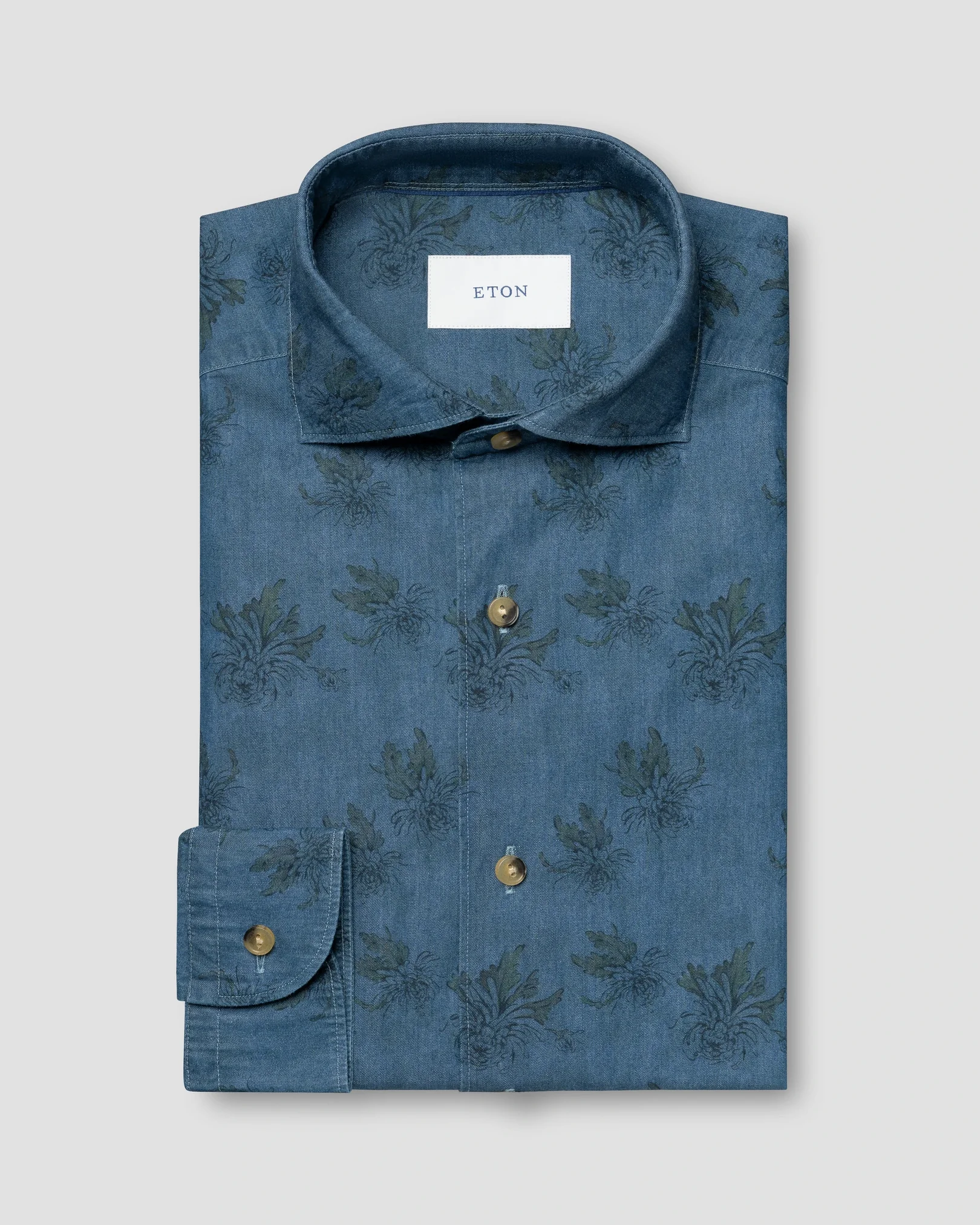 Eton - mid blue floral print denim shirt