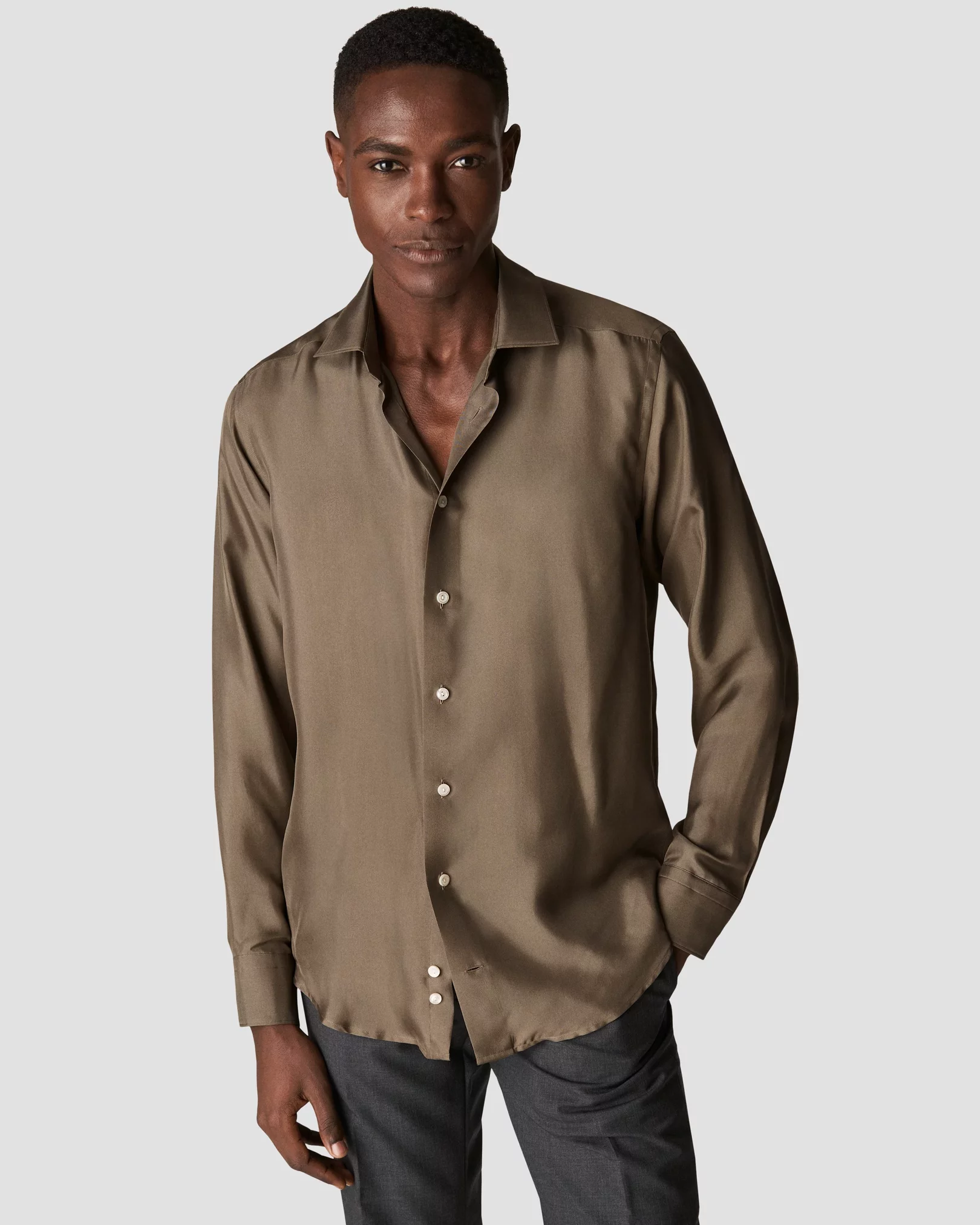 Chocolate Brown Point Collar Silk Shirt – Edward Sexton