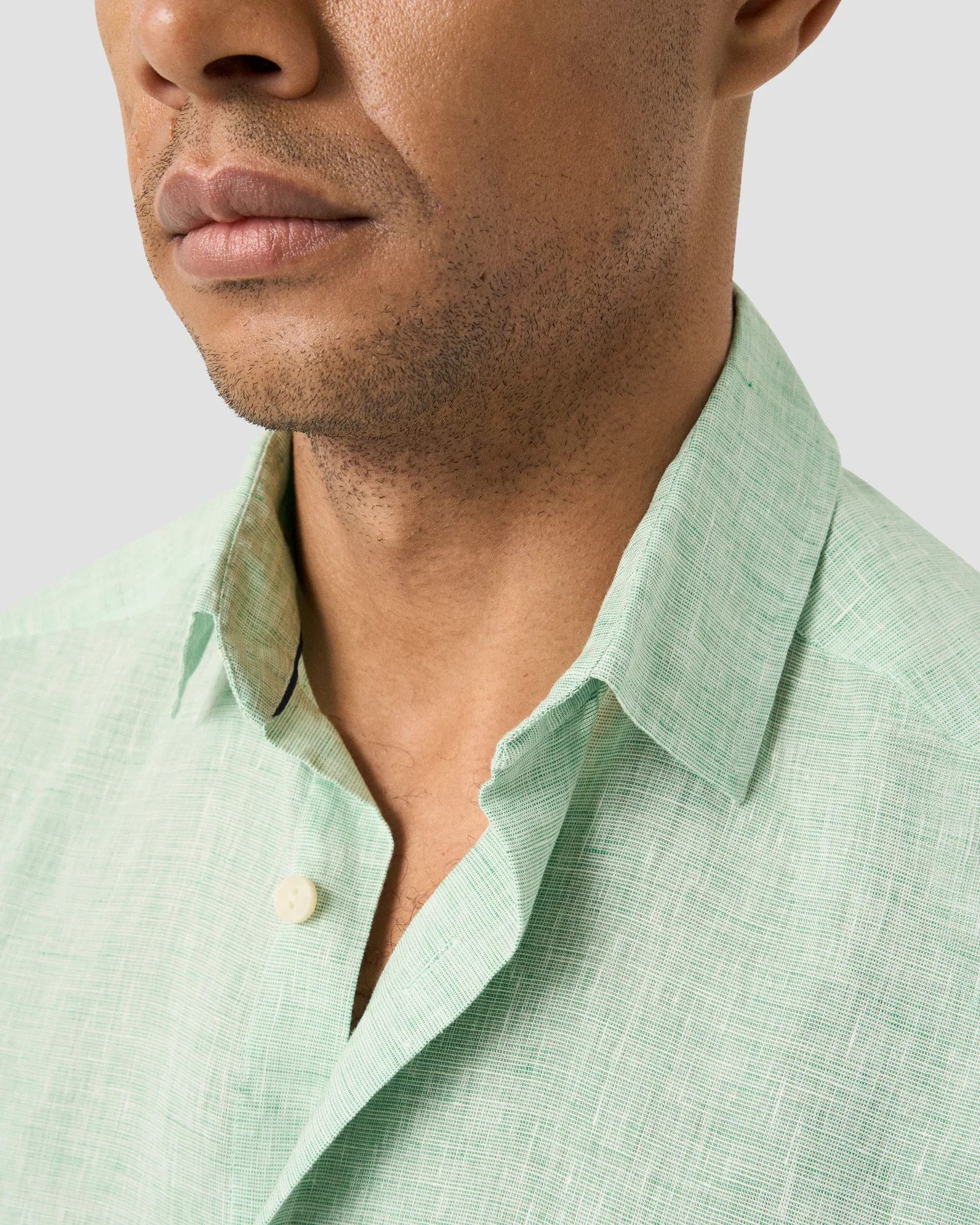 Eton - mid green solid linen short sleeve shirt spread