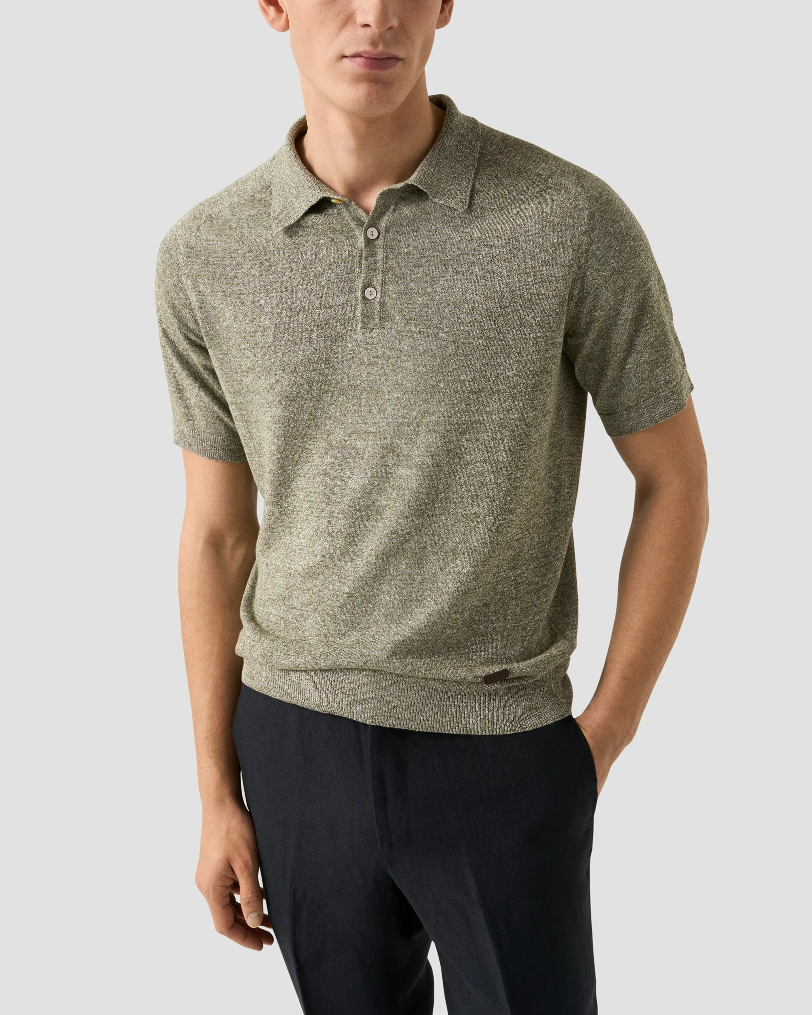 Eton - cotton linen fine knit polo shirt mid green