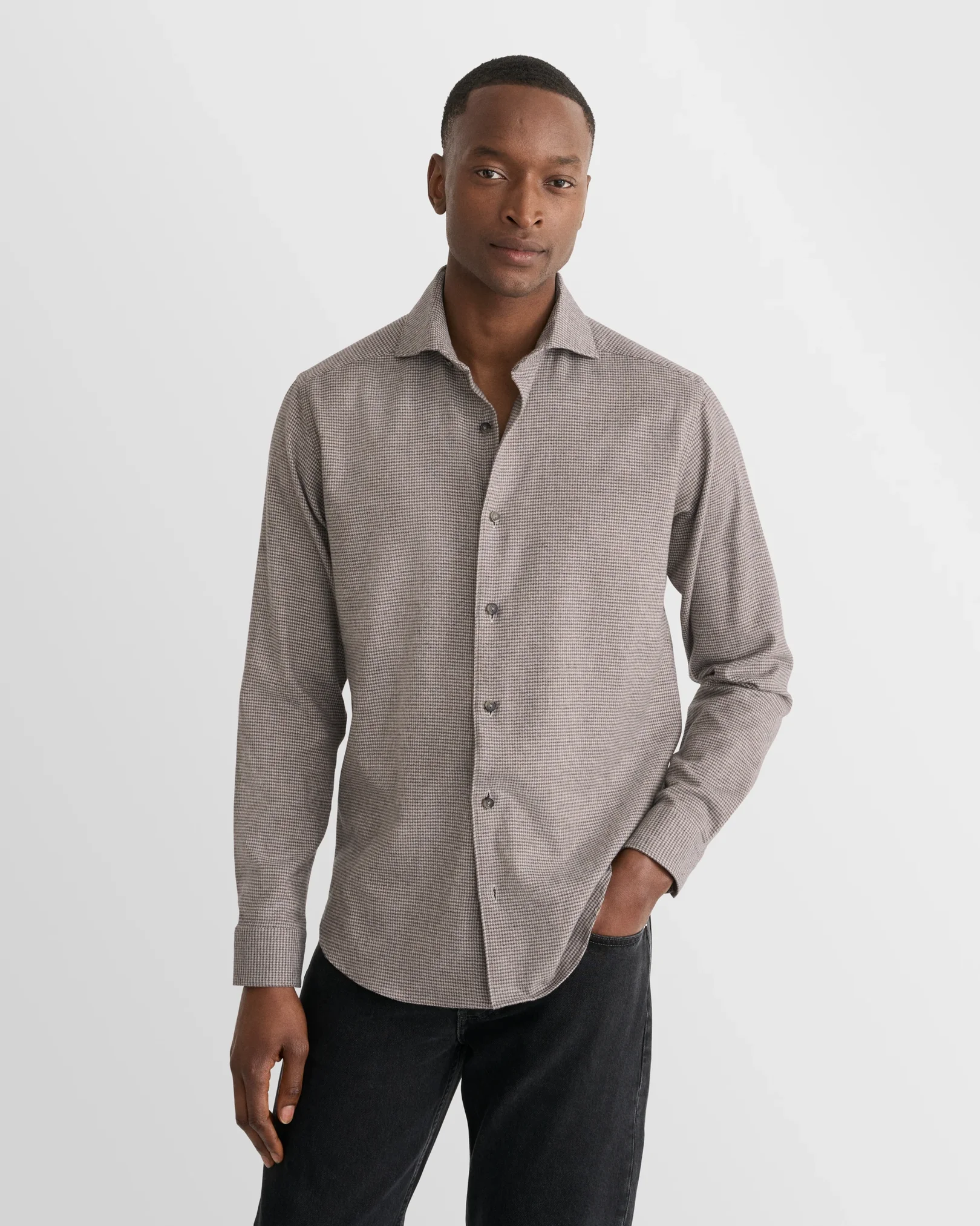 Eton - mid grey houndstooth check flannel shirt