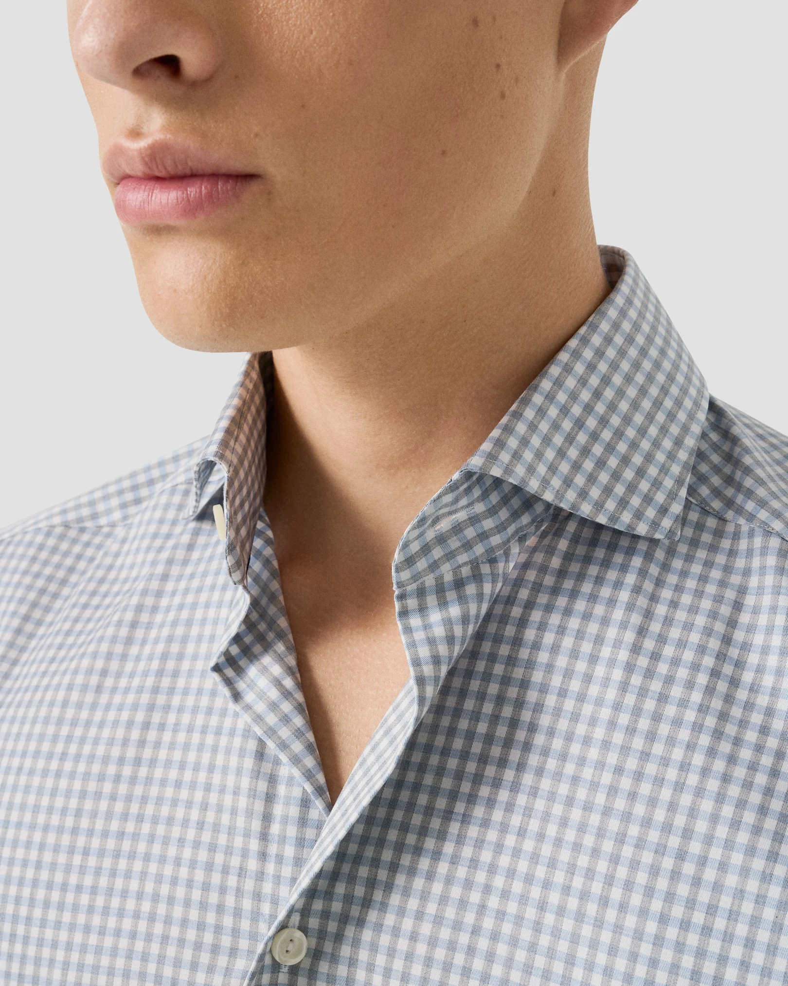 Eton - mid blue check melange twill shirt