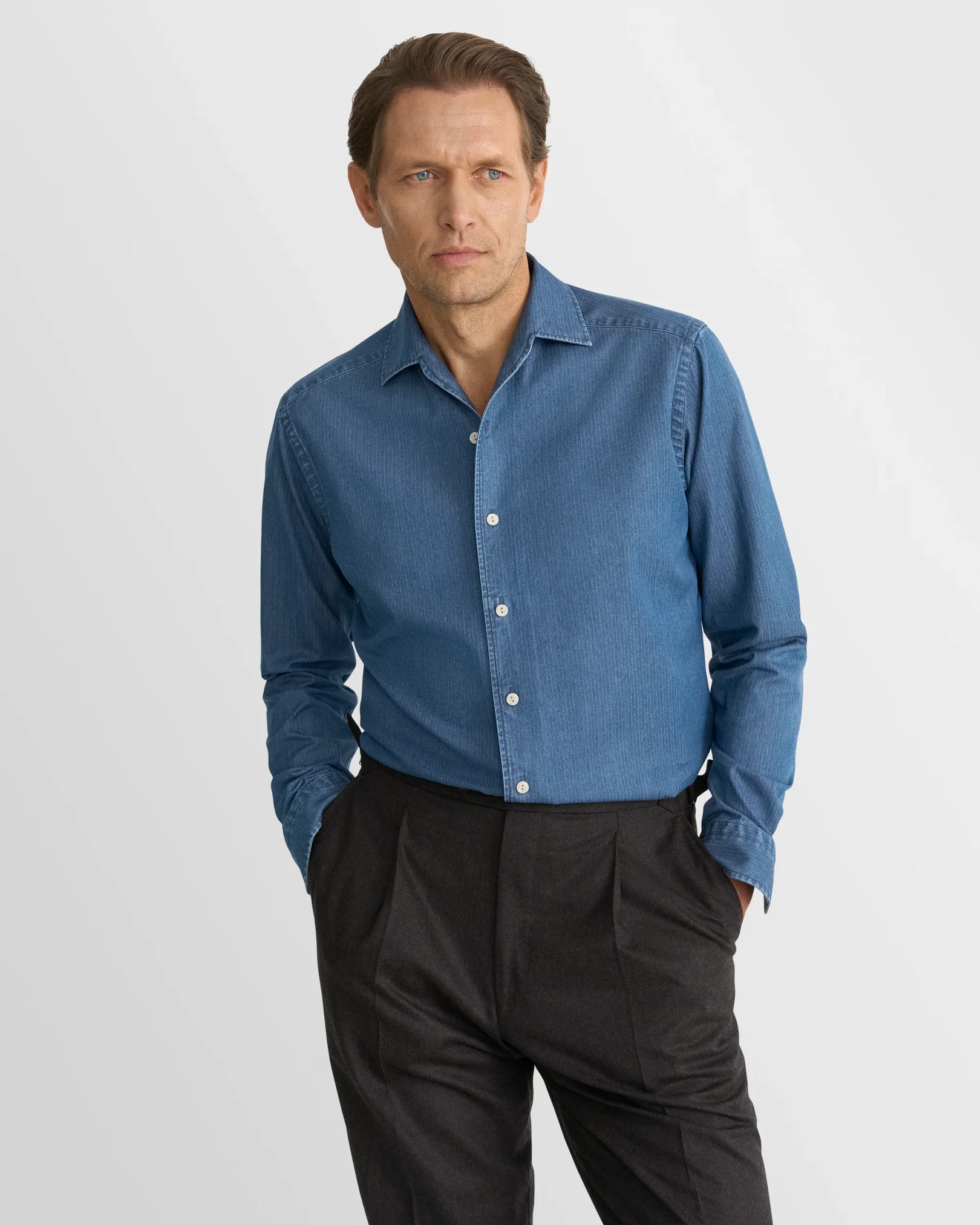 Eton - mid blue pin striped denim shirt