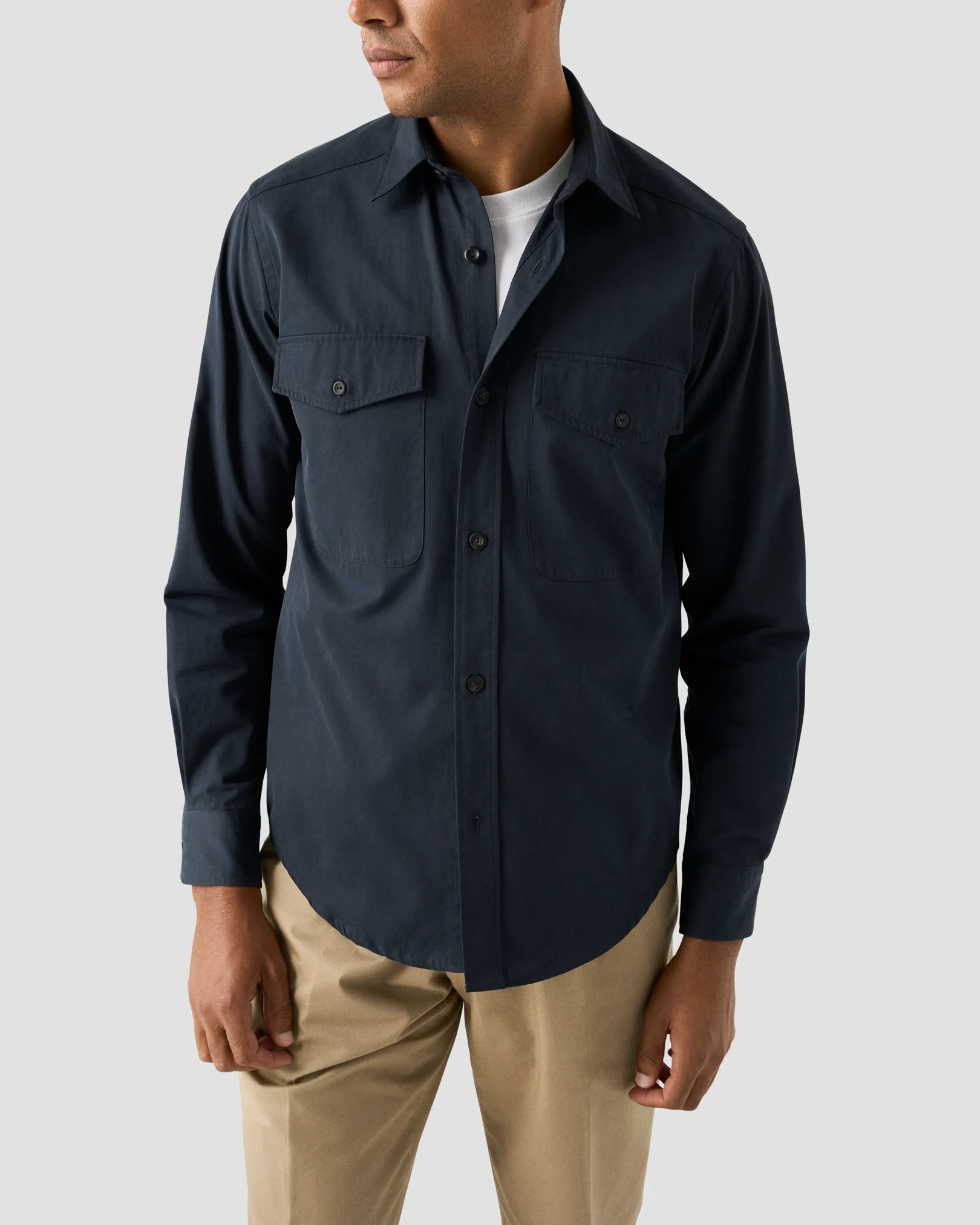 Eton - navy blue twill long pointed collar double rounded overshirt