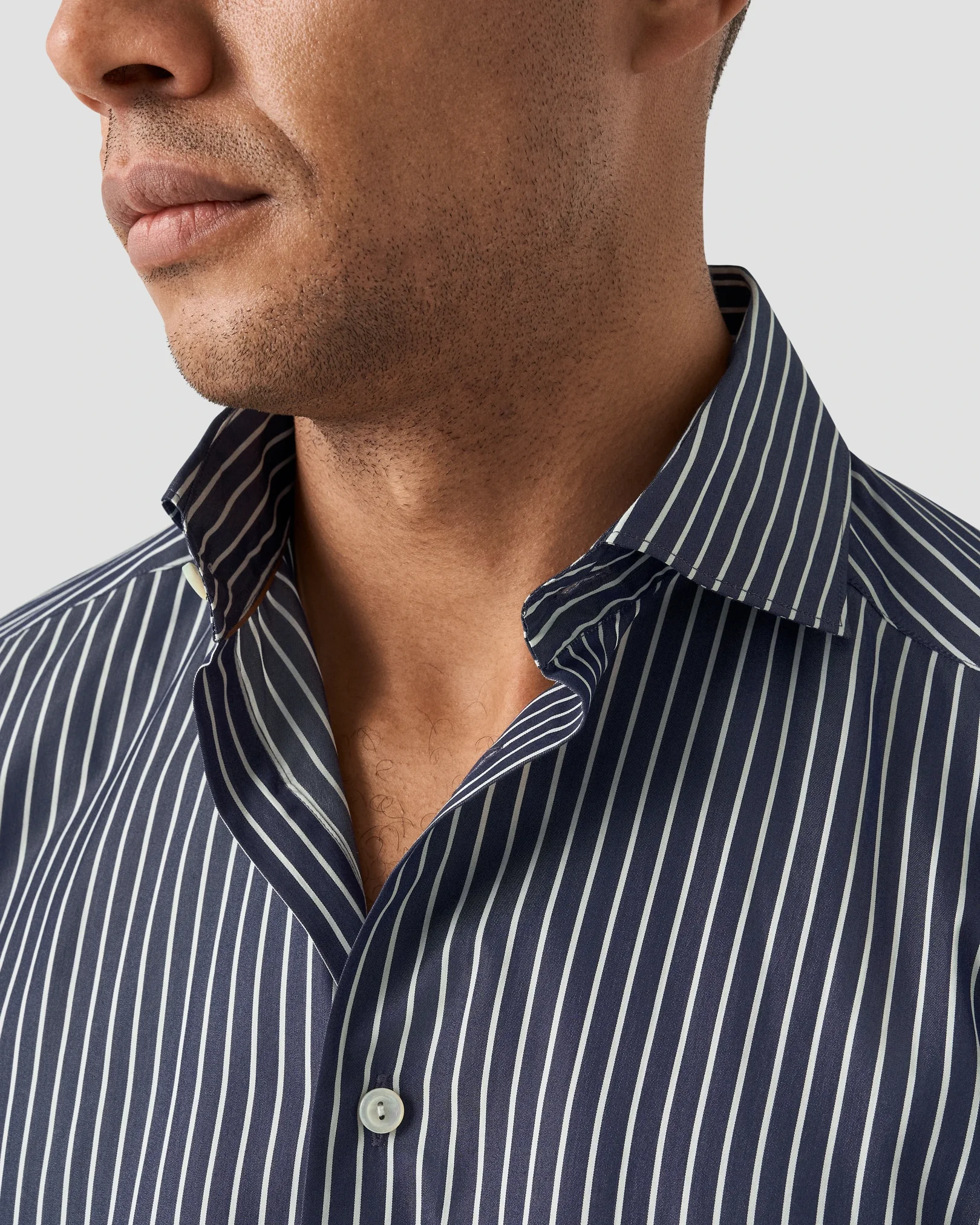 Eton - navy blue cotton and silk stripe shirt