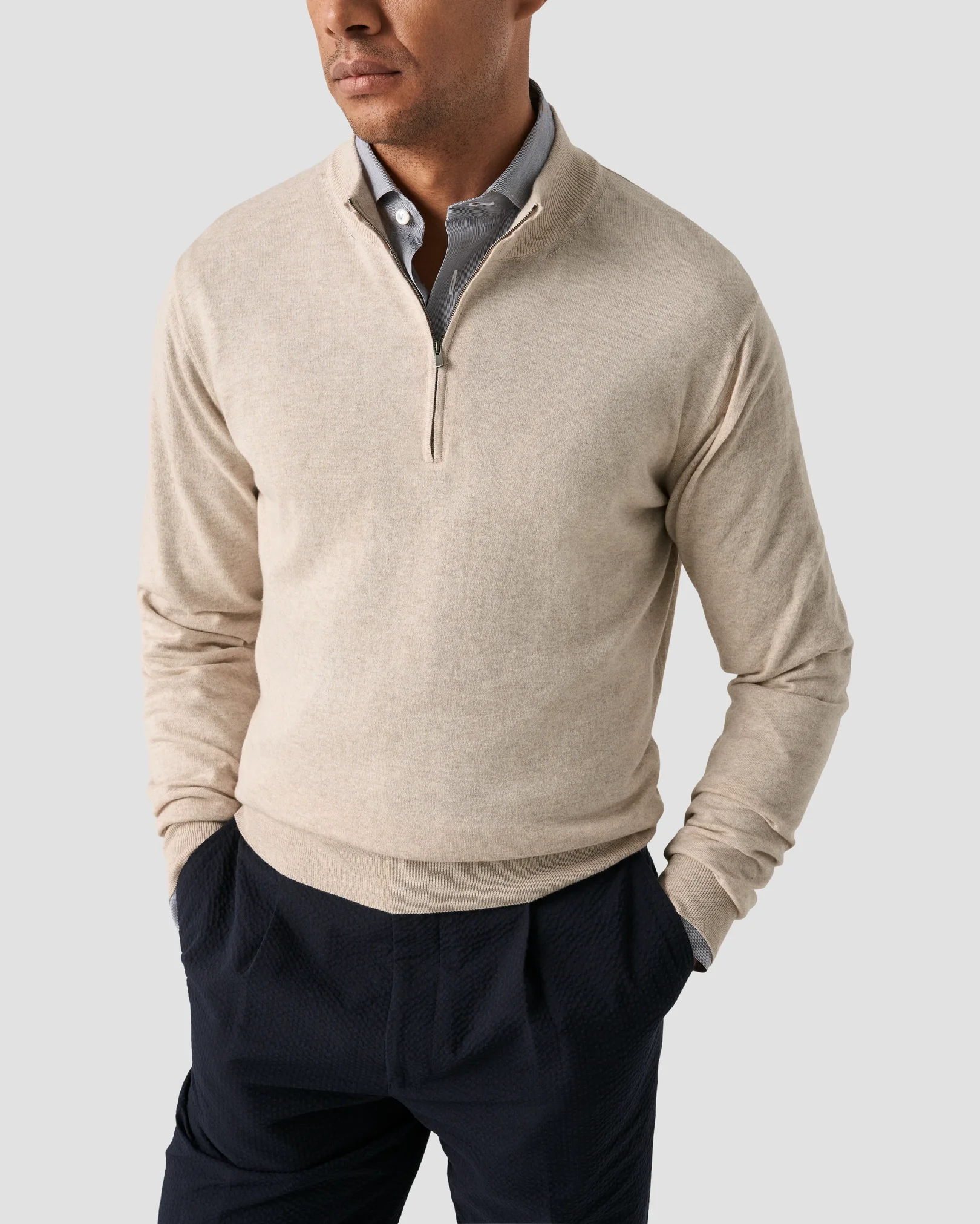 Eton - beige cotton and cashmere quarter zip fine knit