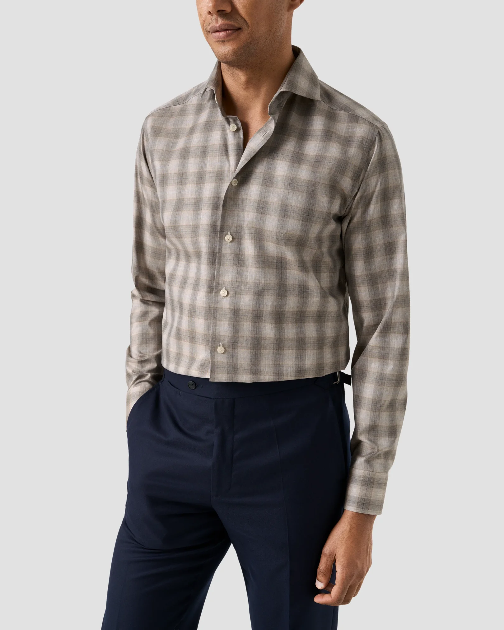 Eton - beige bold check melange twill shirt