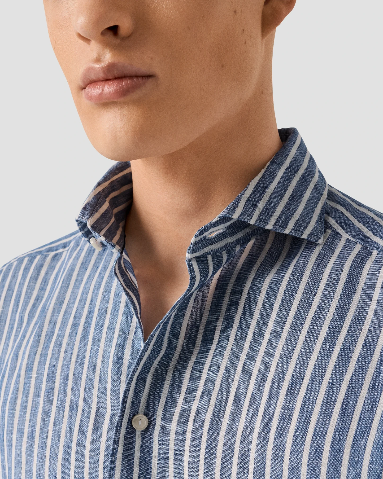 Eton - mid blue striped linen shirt wide spread 251