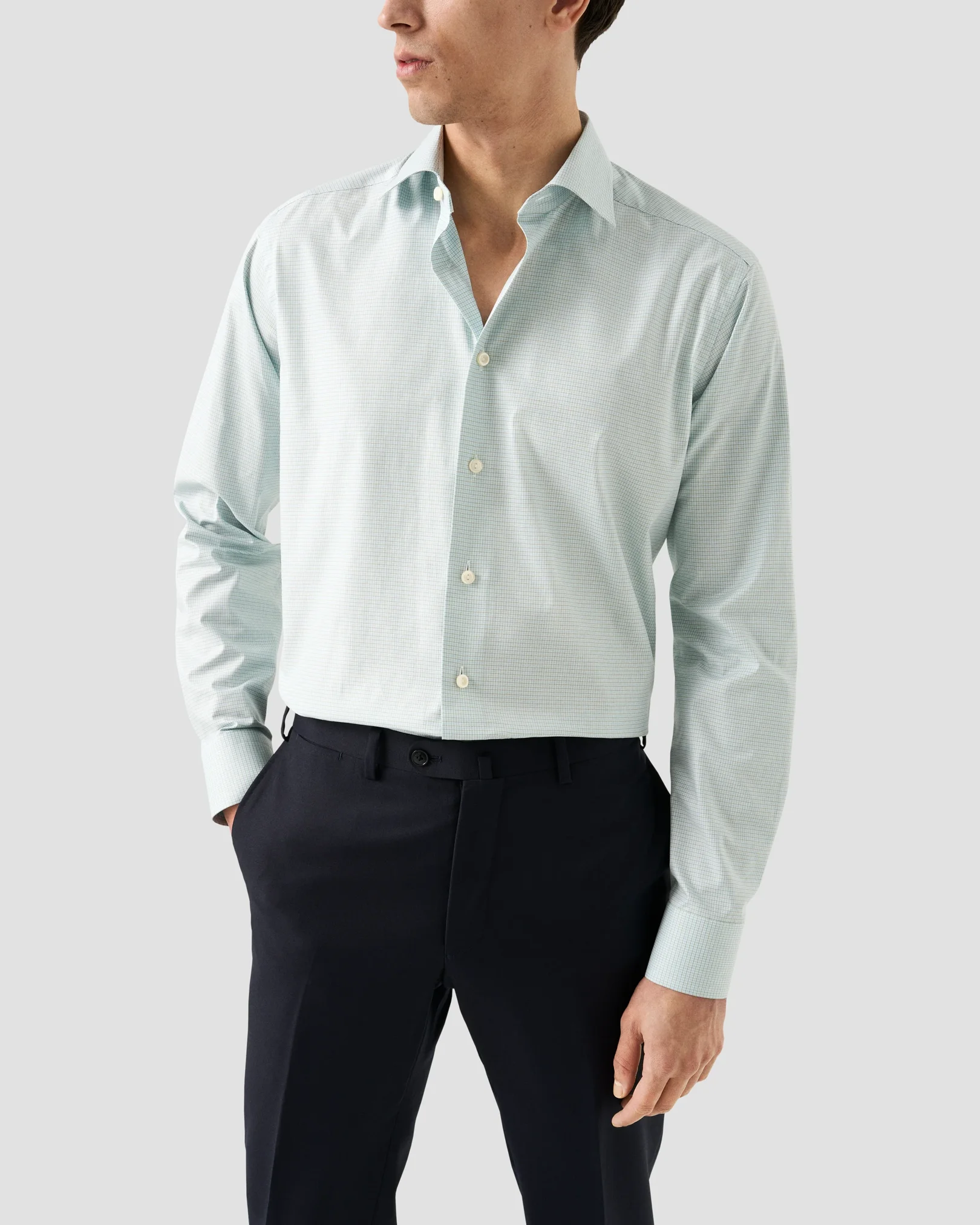 Eton - light green check fine twill shirt