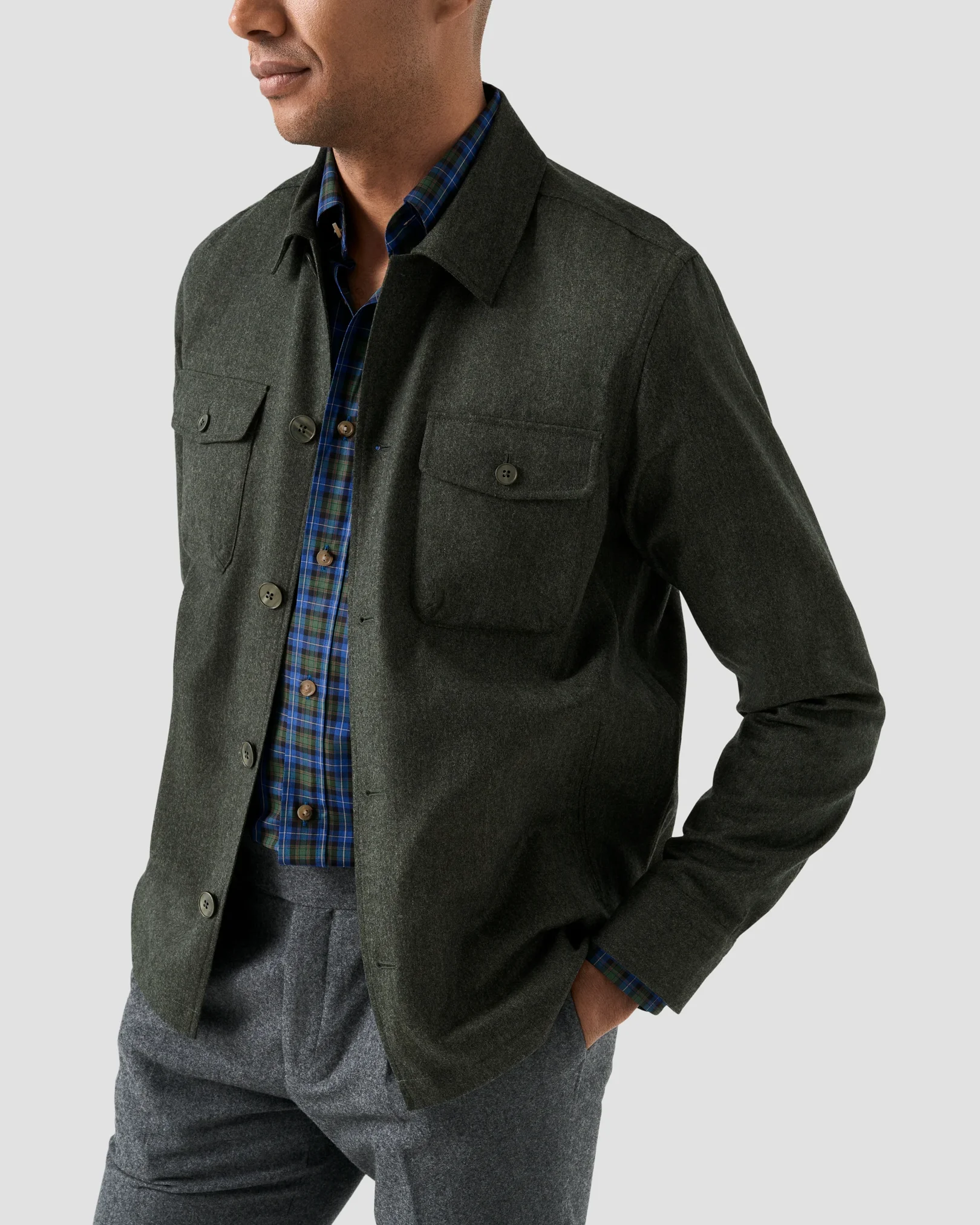 Eton - tartan plaid check shirt mid blue