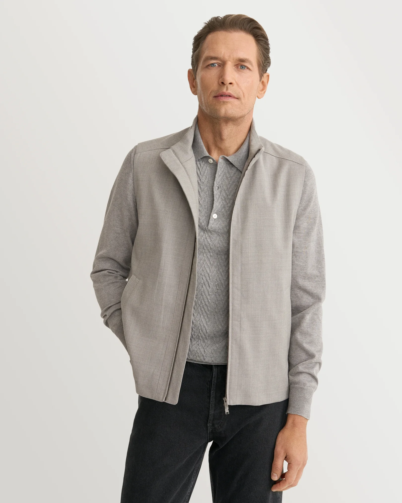 Eton - light grey chevron structure knit polo shirt