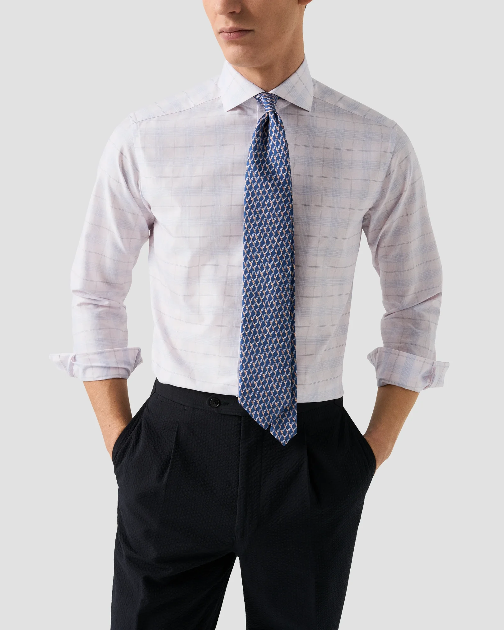 Eton - check cotton linen shirt wide spread rounded single