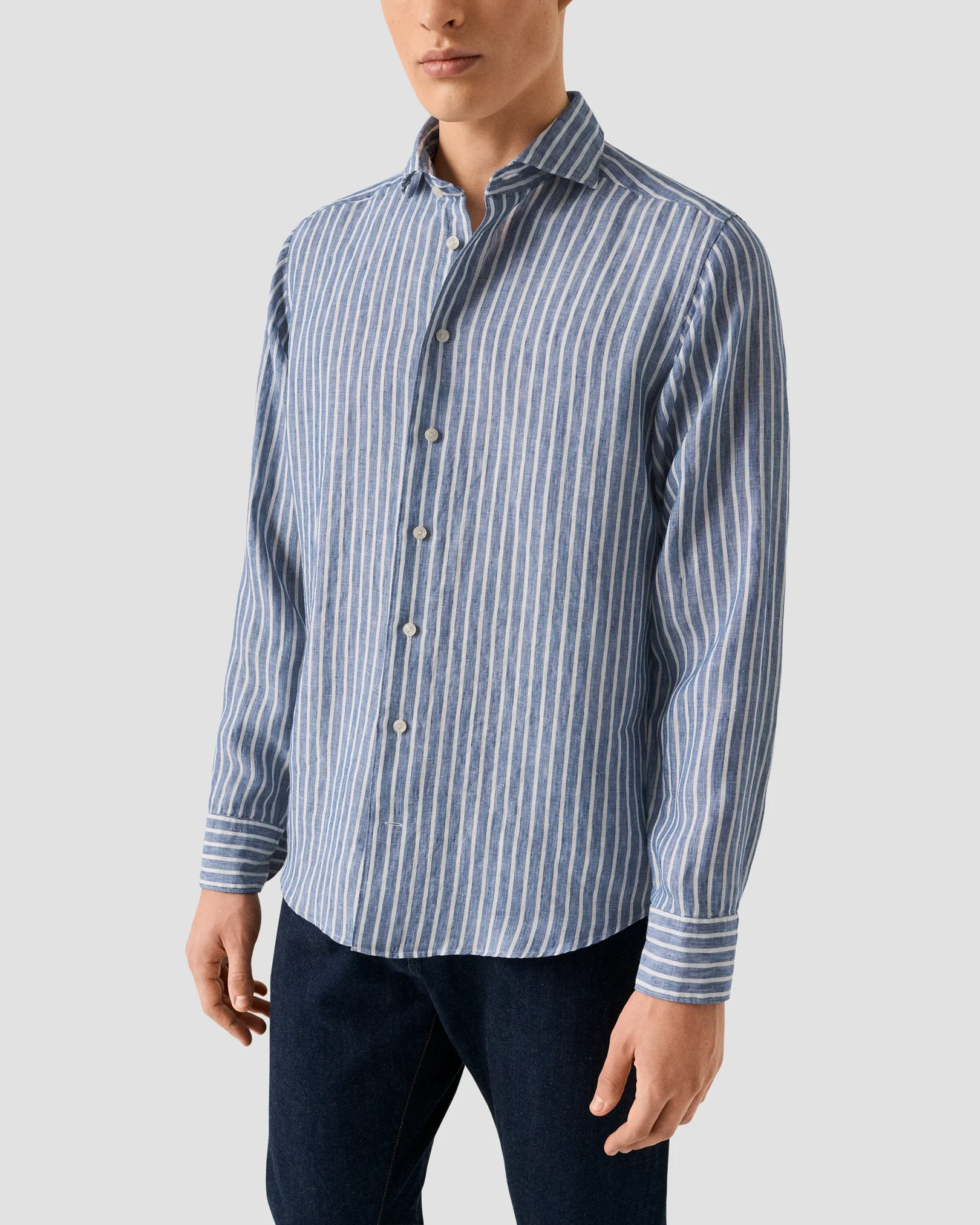 Eton - mid blue striped linen shirt wide spread 251