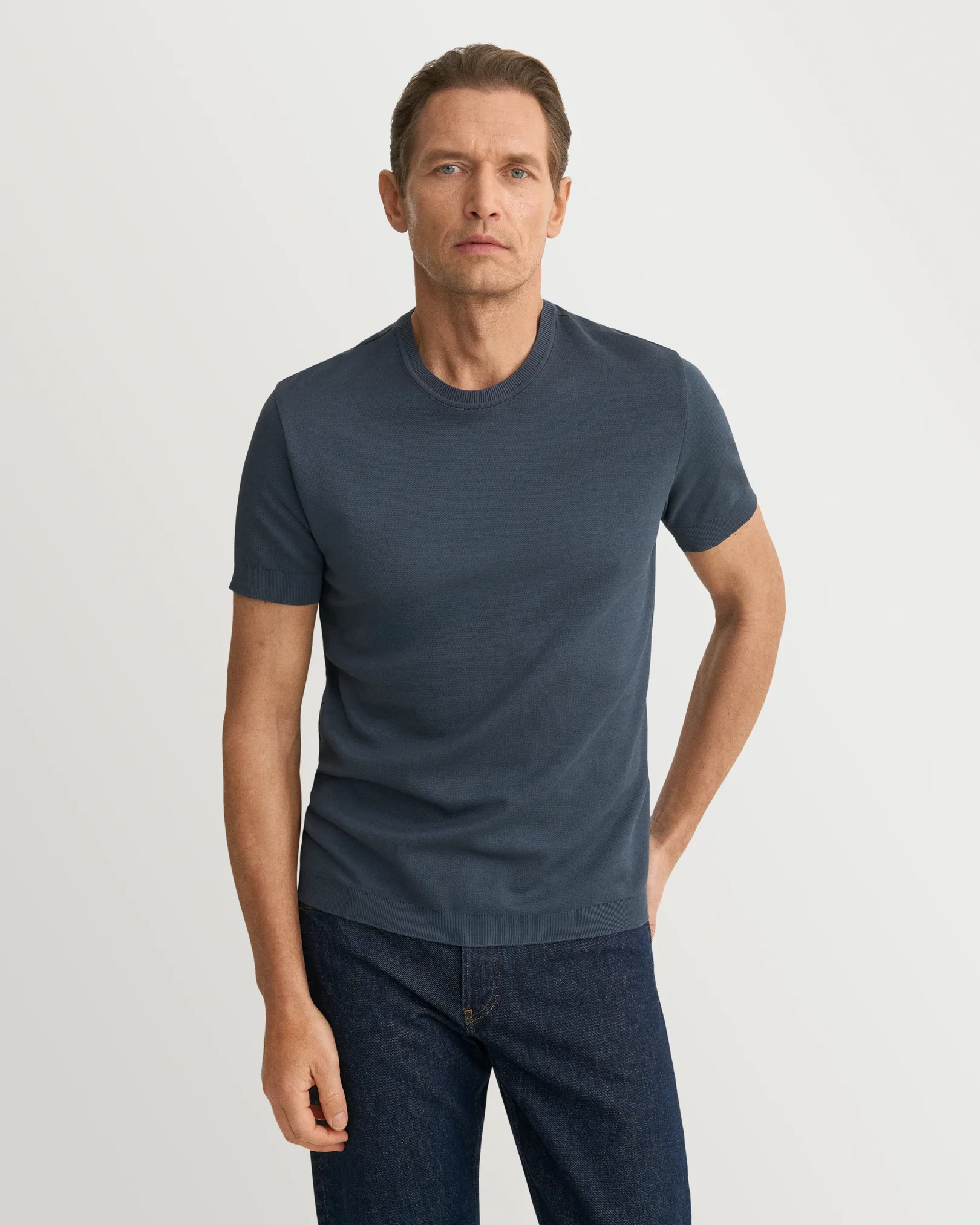 Eton - dark blue self rib cotton t shirt