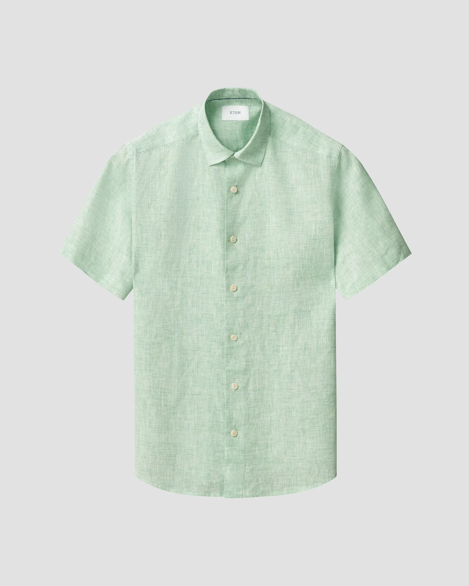 Eton - mid green solid linen short sleeve shirt spread